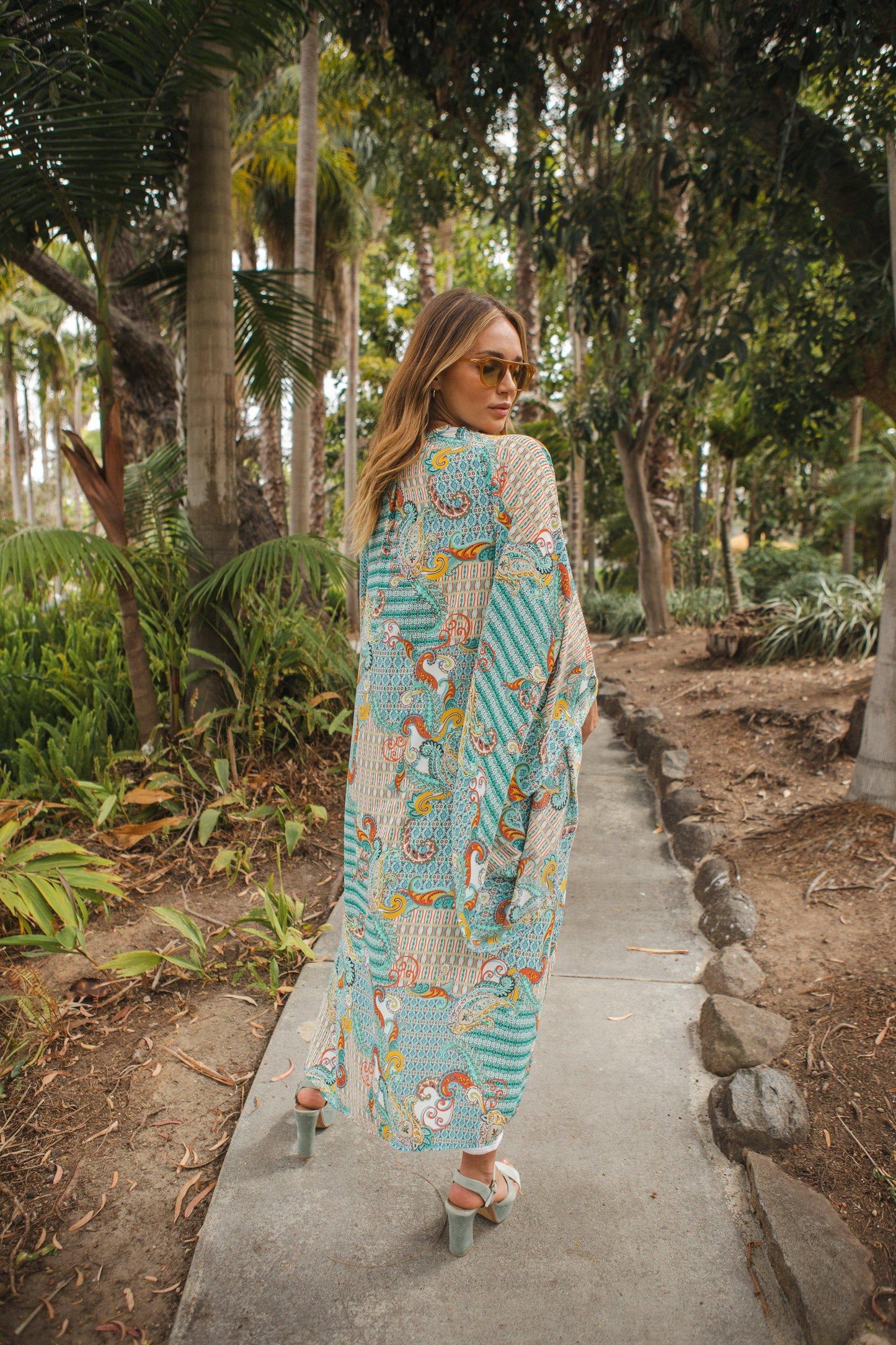 jennafer grace angelica kimono light blue aqua orange yellow paisley summer summer coverup wrap dress boho bohemian hippie beach resort cabana lounge loungewear unisex handmade