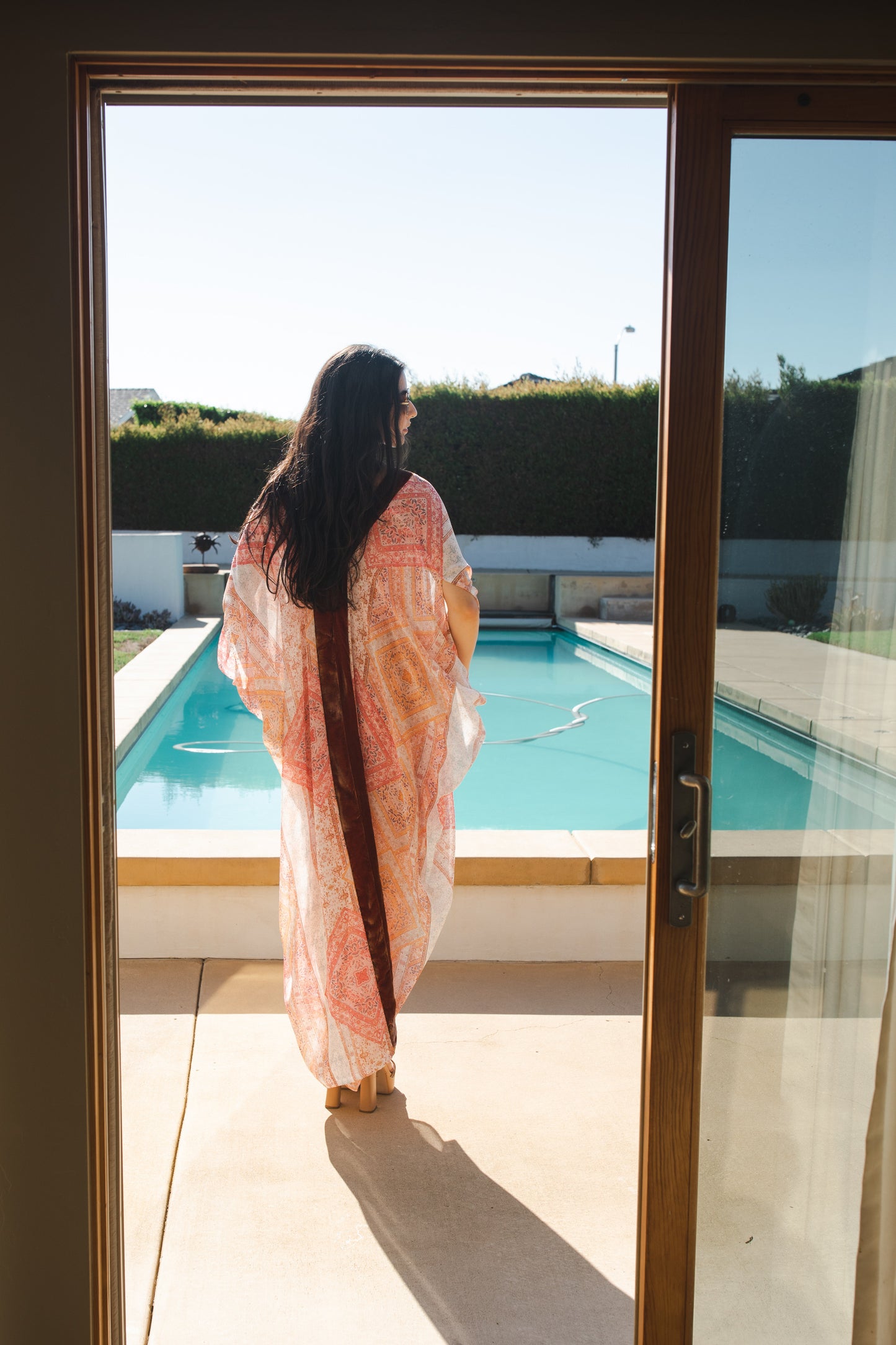 Jennafer Grace Athena Deluxe caftan soft orange rust copper silk velvet sheer white orange scarf print chiffon kaftan mumu shift dress coverup boho bohemian hippie romantic whimsical beach resort spa cabana lounge loungewear layering unisex handmade in California USA