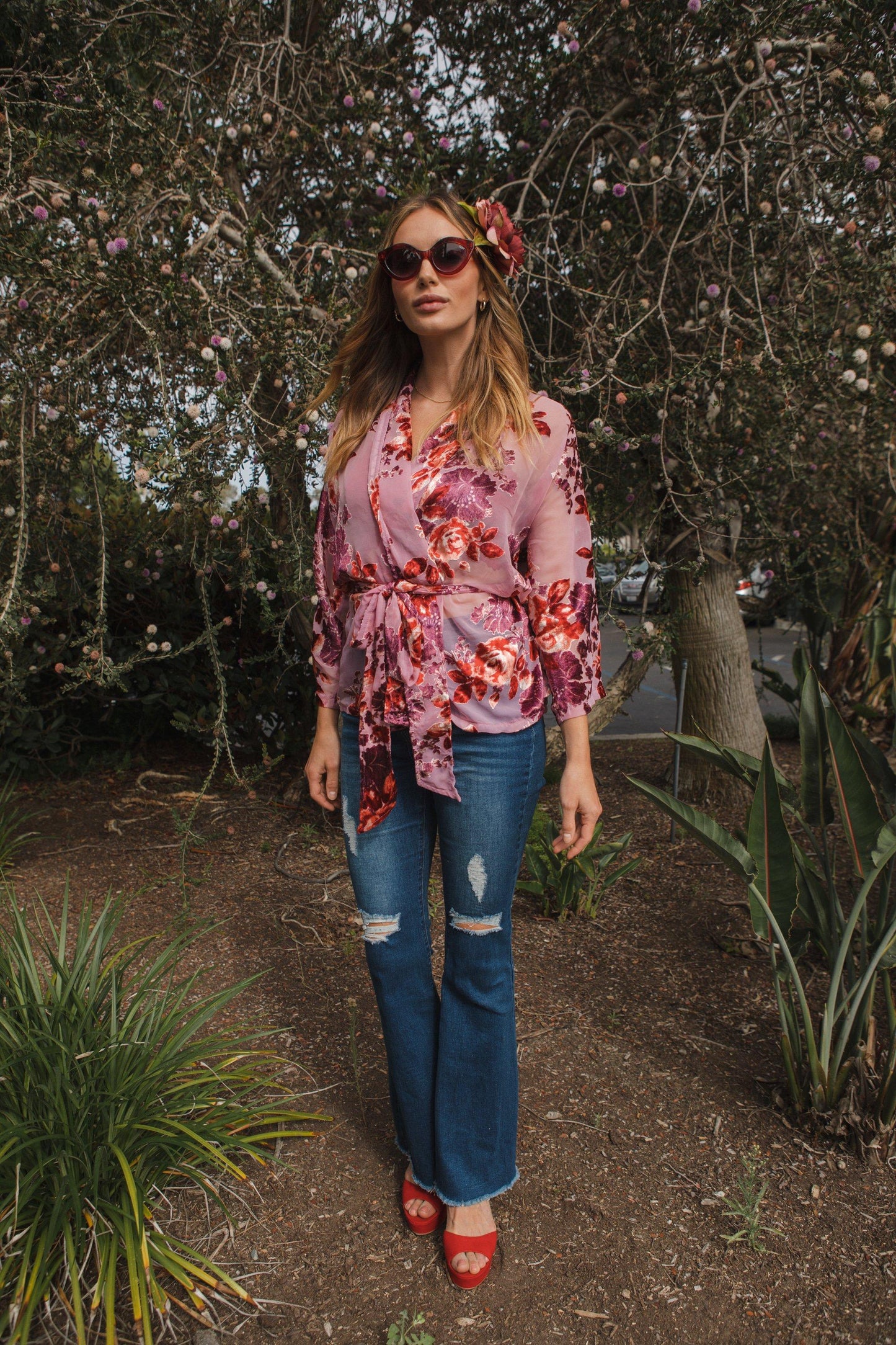 jennafer grace dolman wrap kimono top semi sheer floral velvet burnout pink red valentine's day blouse shirt rocker chic glam rock cocktail party boho bohemian unisex handmade