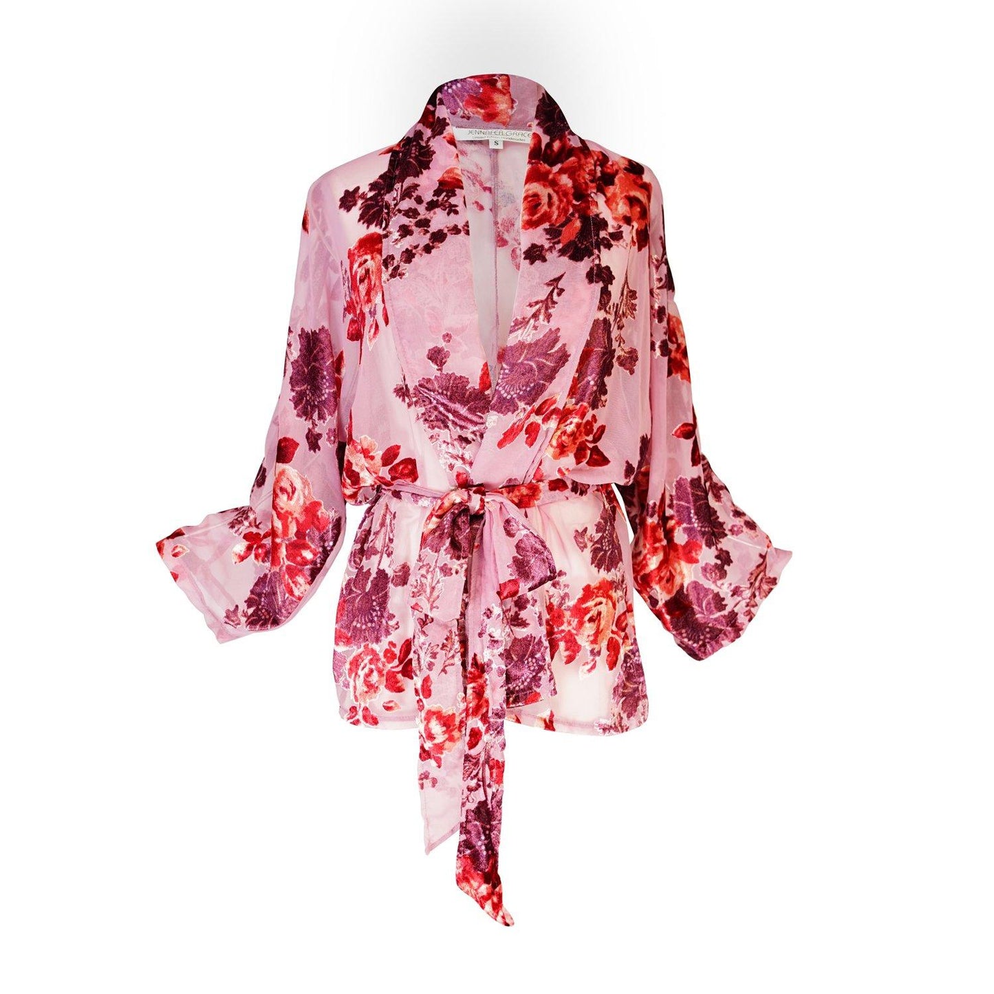 jennafer grace dolman wrap kimono top semi sheer floral velvet burnout pink red valentine's day blouse shirt rocker chic glam rock cocktail party boho bohemian unisex handmade