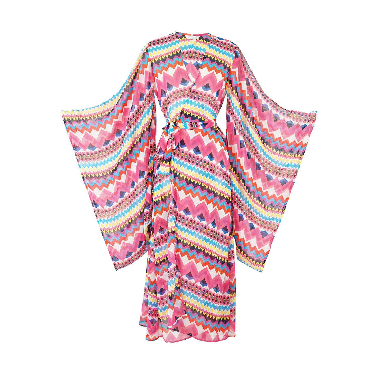pink, bright, striped, azucar, boho, kimono, wrap dress, original style, jennafergrace, handmade, madeinusa