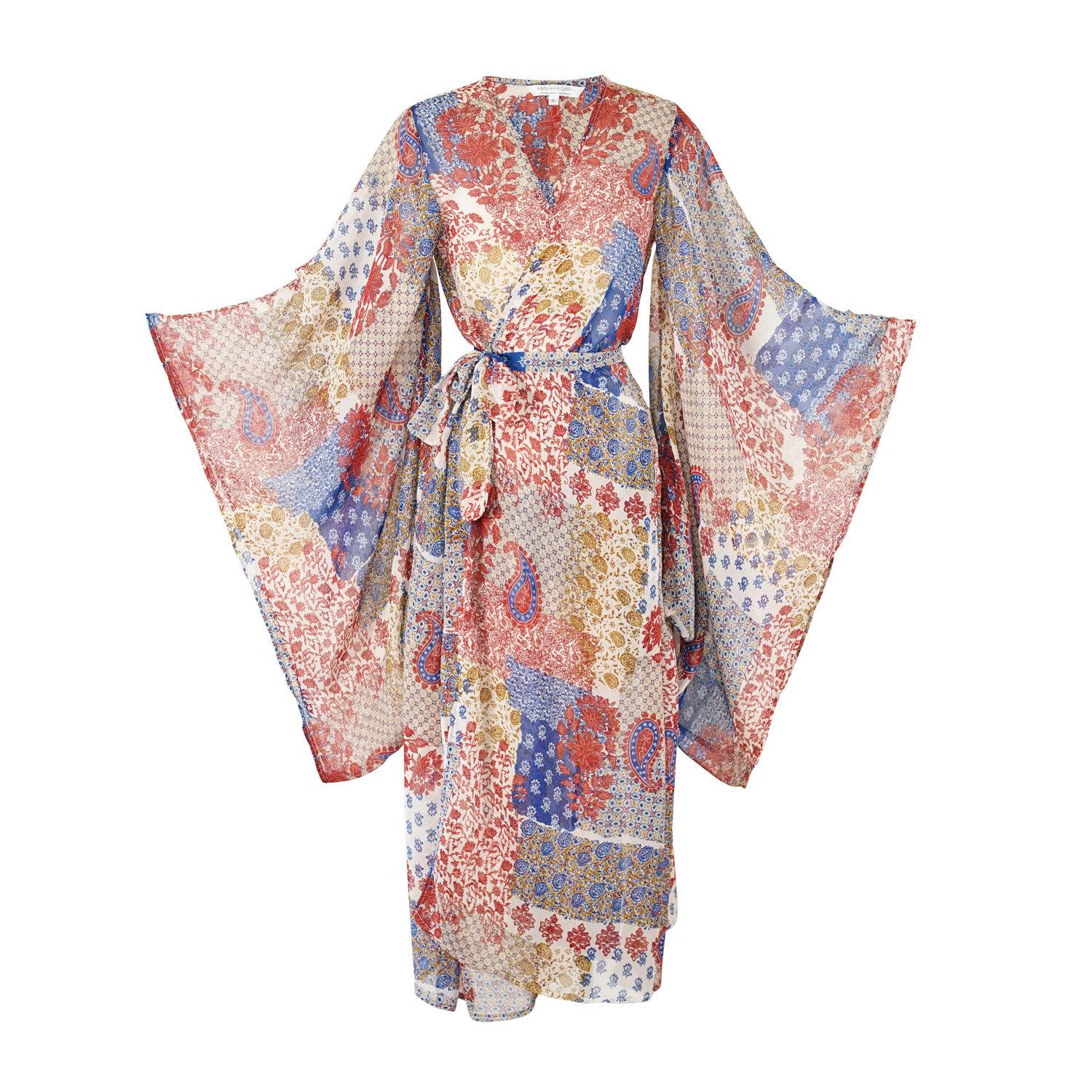 blue, pink, border print, boho, kimono, wrap dress, original style, jennafergrace, handmade, madeinusa