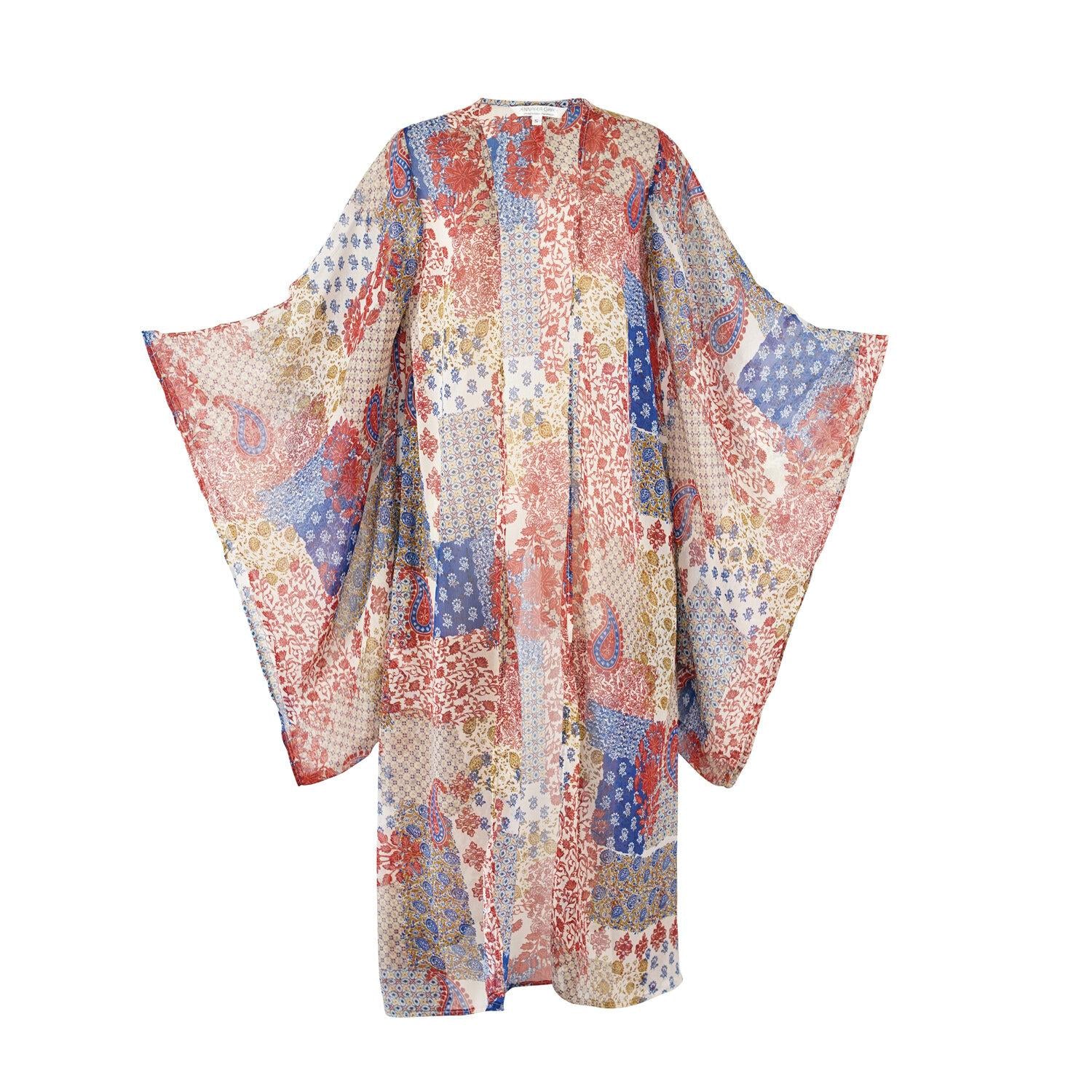 blue, pink, border print, boho, kimono, wrap dress, original style, jennafergrace, handmade, madeinusa