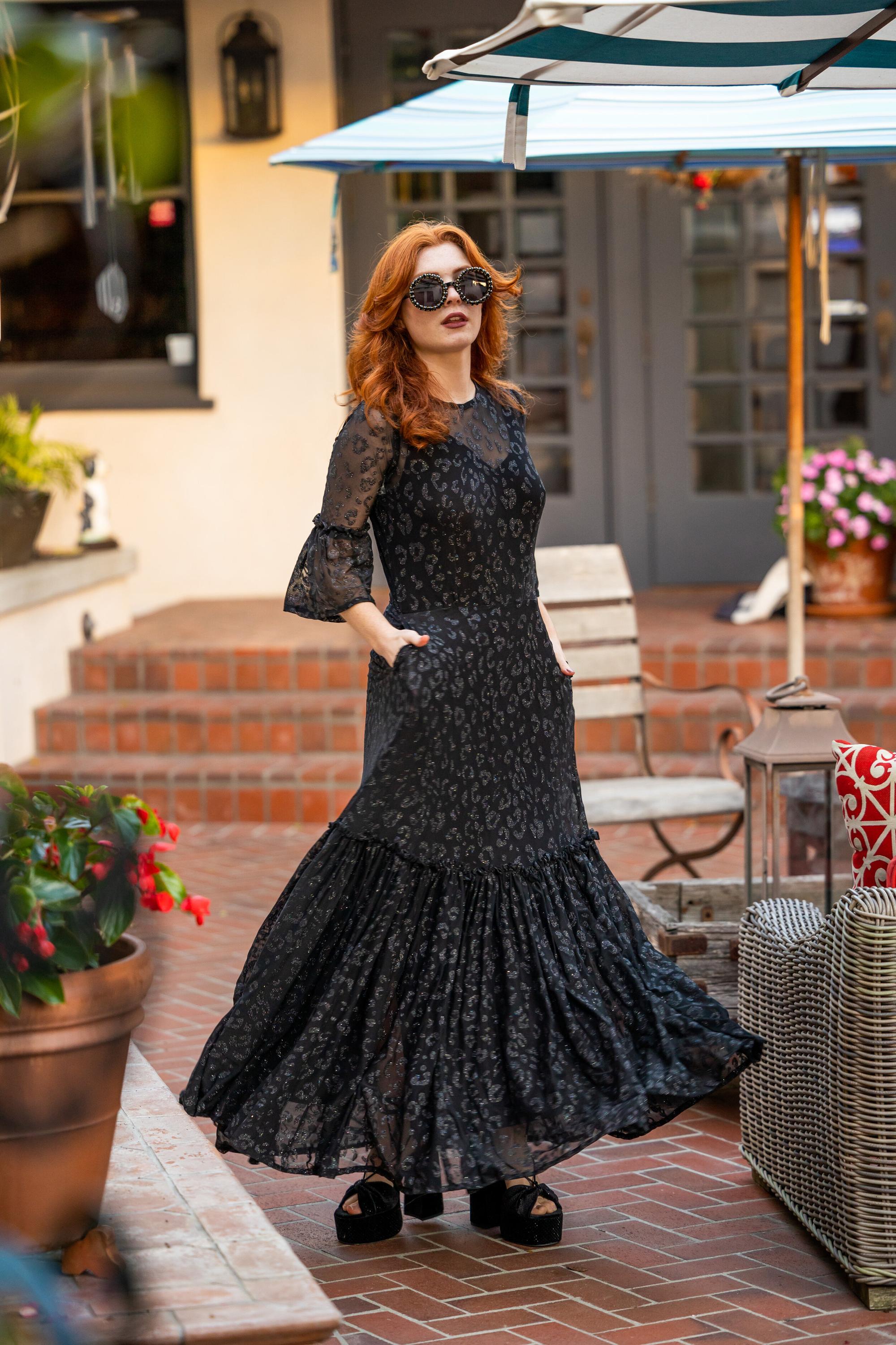 Black Leopard Shimmer Ruffle Dress Jennafer Grace