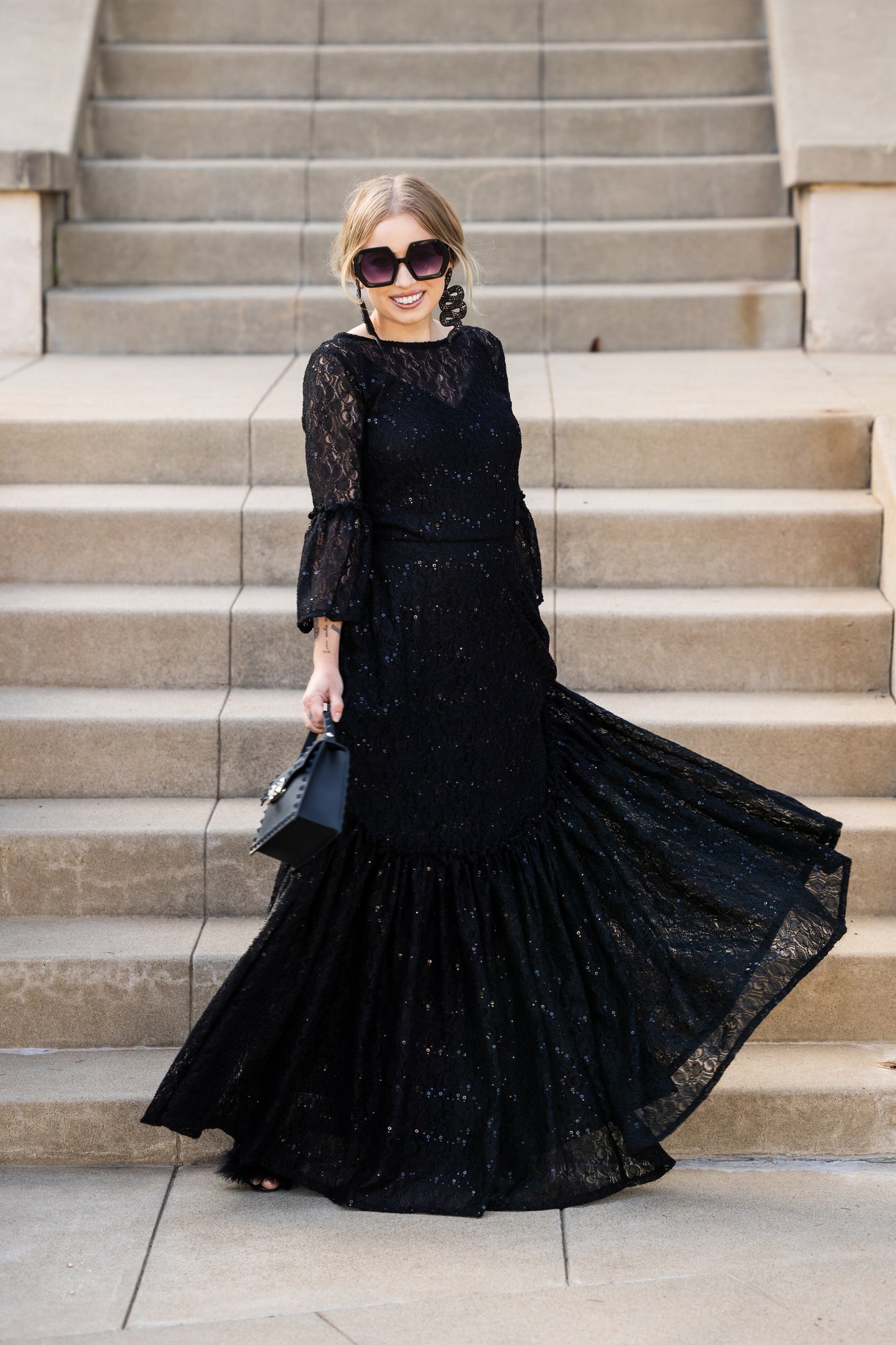 Black Sequin Lace Ruffle Dress