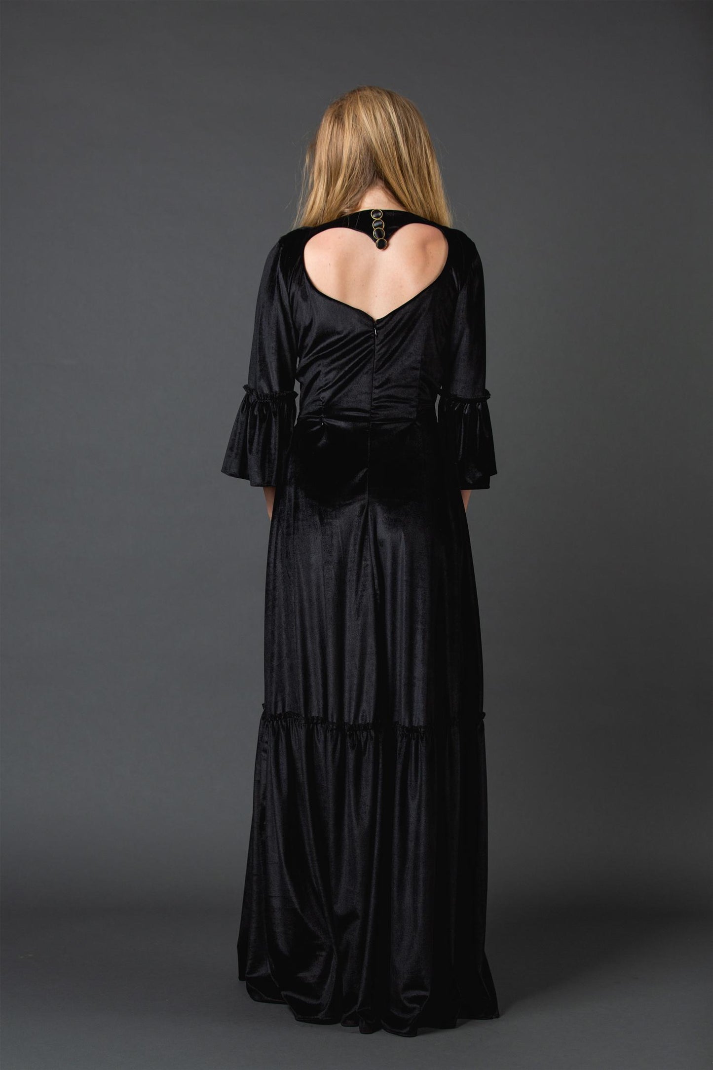 Black velvet sweetheart maxi bellsleeve dress jennafergrace handmade madeinusa