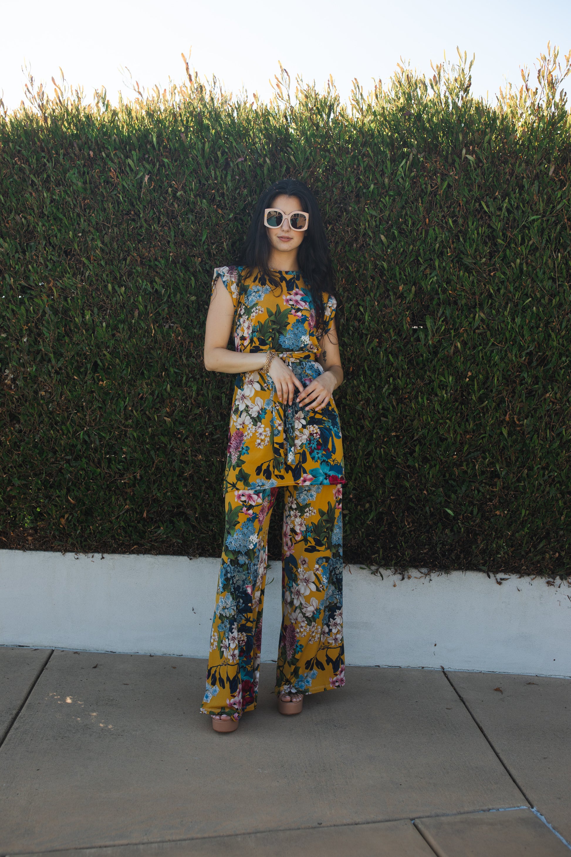 jennafer grace Botanica tunic palazzo pant matching set mustard yellow modern floral green blue pink flowers coord co-ord boho bohemian hippie romantic whimsical lounge loungewear resort nautical cabana beach unisex handmade in california usa
