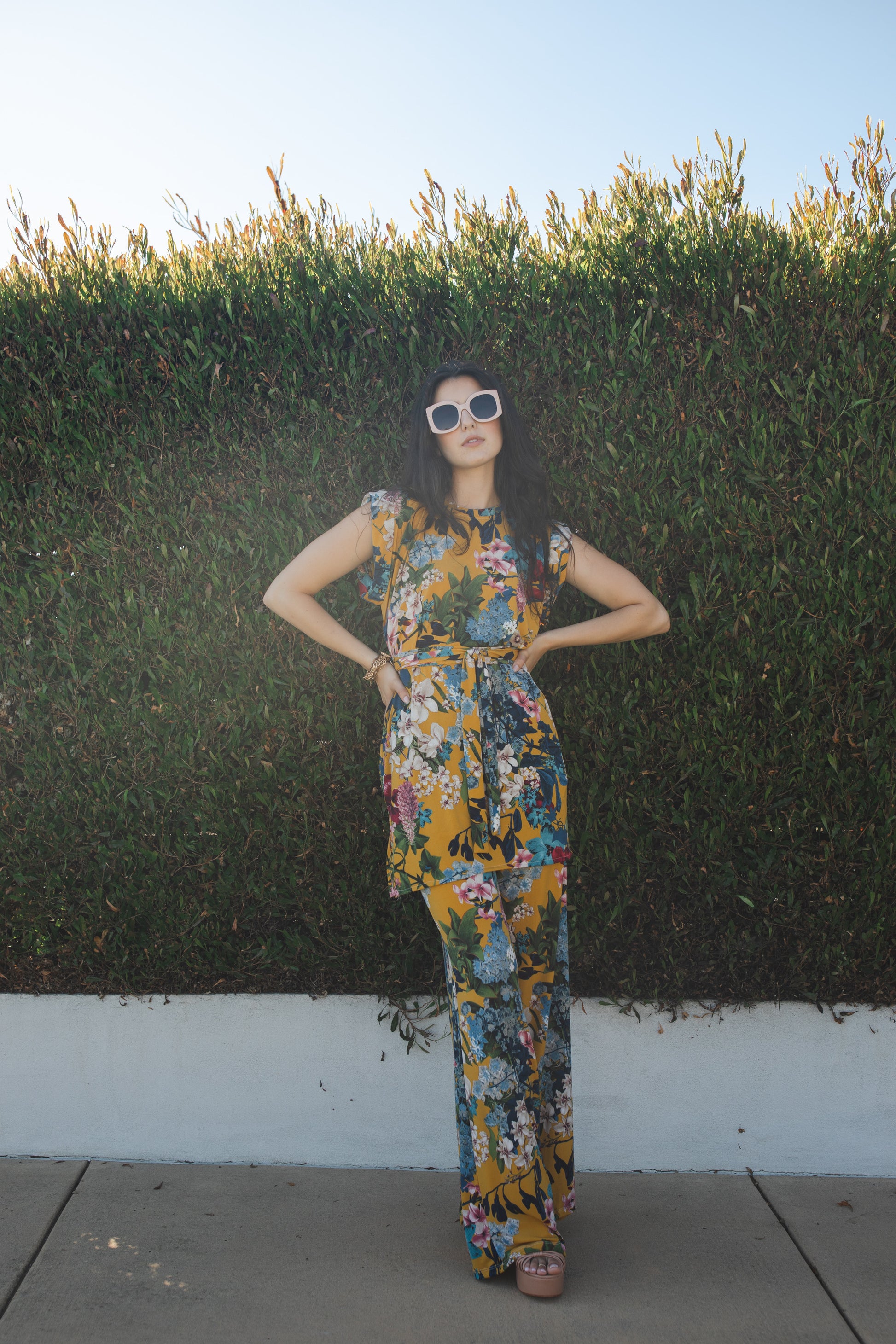 jennafer grace Botanica tunic palazzo pant matching set mustard yellow modern floral green blue pink flowers coord co-ord boho bohemian hippie romantic whimsical lounge loungewear resort nautical cabana beach unisex handmade in california usa