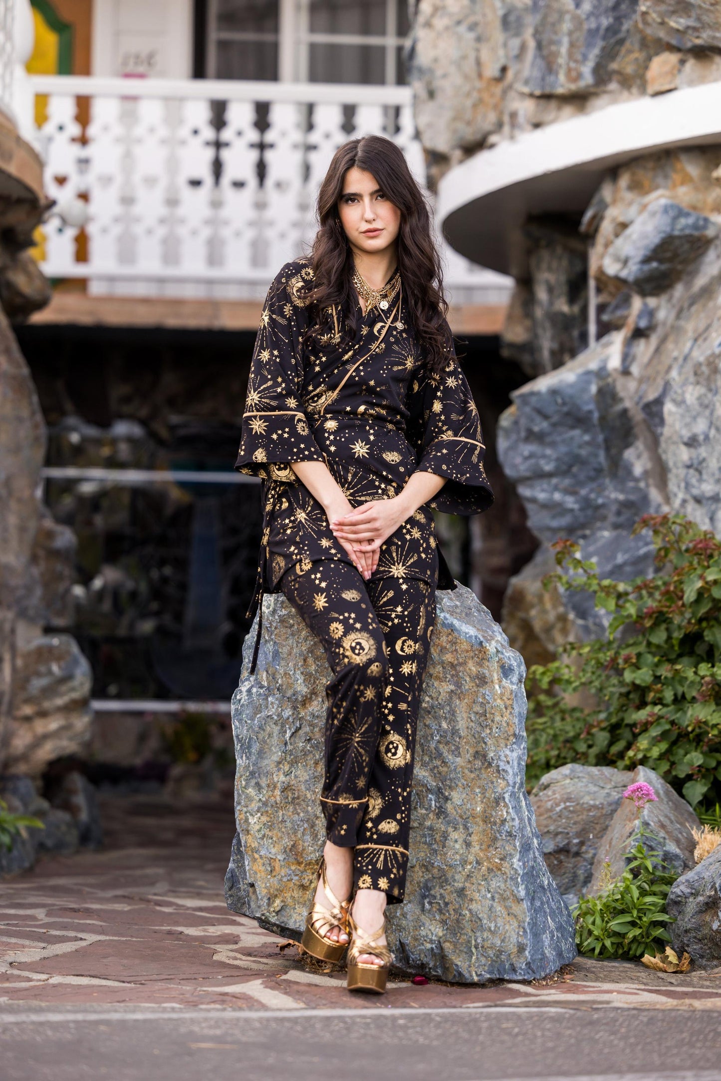 jennafer grace paglamas glam pajamas pjs co-ord coord matching set wrap top tapered pant celestial stars moon black gold piping boho bohemian hippie unisex handmade
