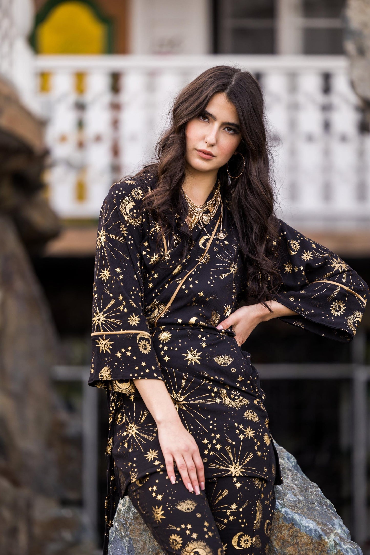 jennafer grace paglamas glam pajamas pjs co-ord coord matching set wrap top tapered pant celestial stars moon black gold piping boho bohemian hippie unisex handmade