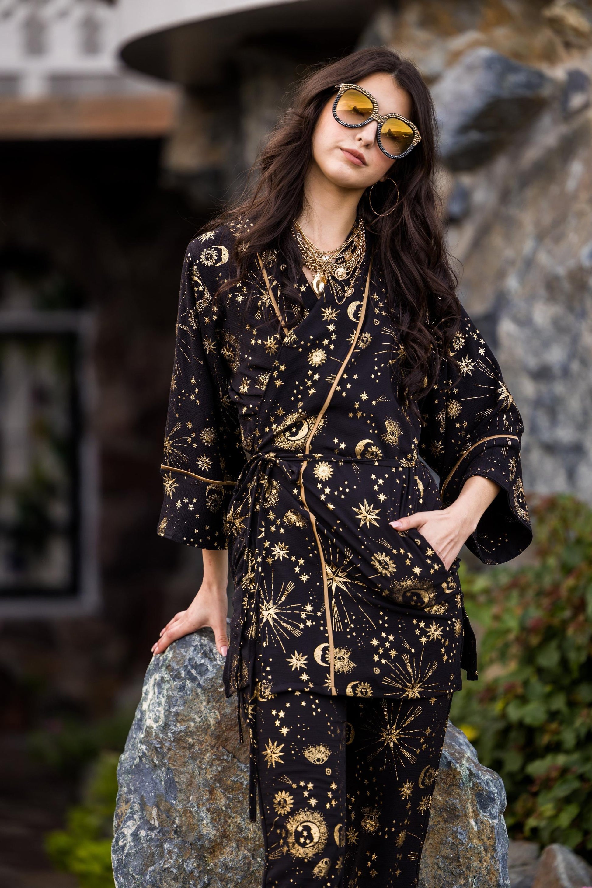 jennafer grace paglamas glam pajamas pjs co-ord coord matching set wrap top tapered pant celestial stars moon black gold piping boho bohemian hippie unisex handmade