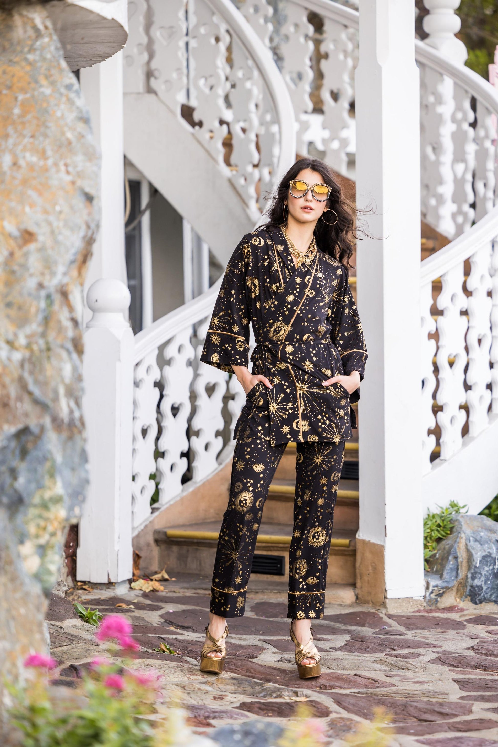 jennafer grace paglamas glam pajamas pjs co-ord coord matching set wrap top tapered pant celestial stars moon black gold piping boho bohemian hippie unisex handmade