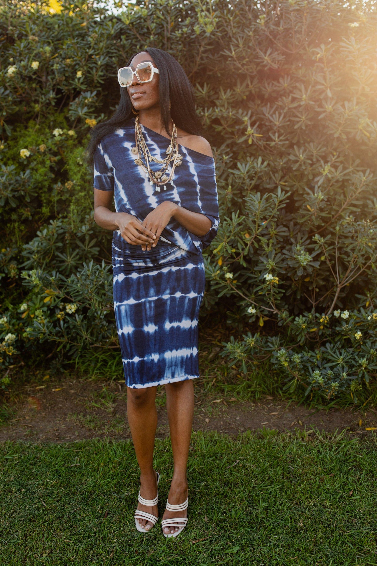 jennafer grace caicos angle dress summer evening wear cocktail off shoulder one shoulder boat neck simple sexy navy blue white tie dye tie-dye tiedye nautical boho bohemian hippie handmade