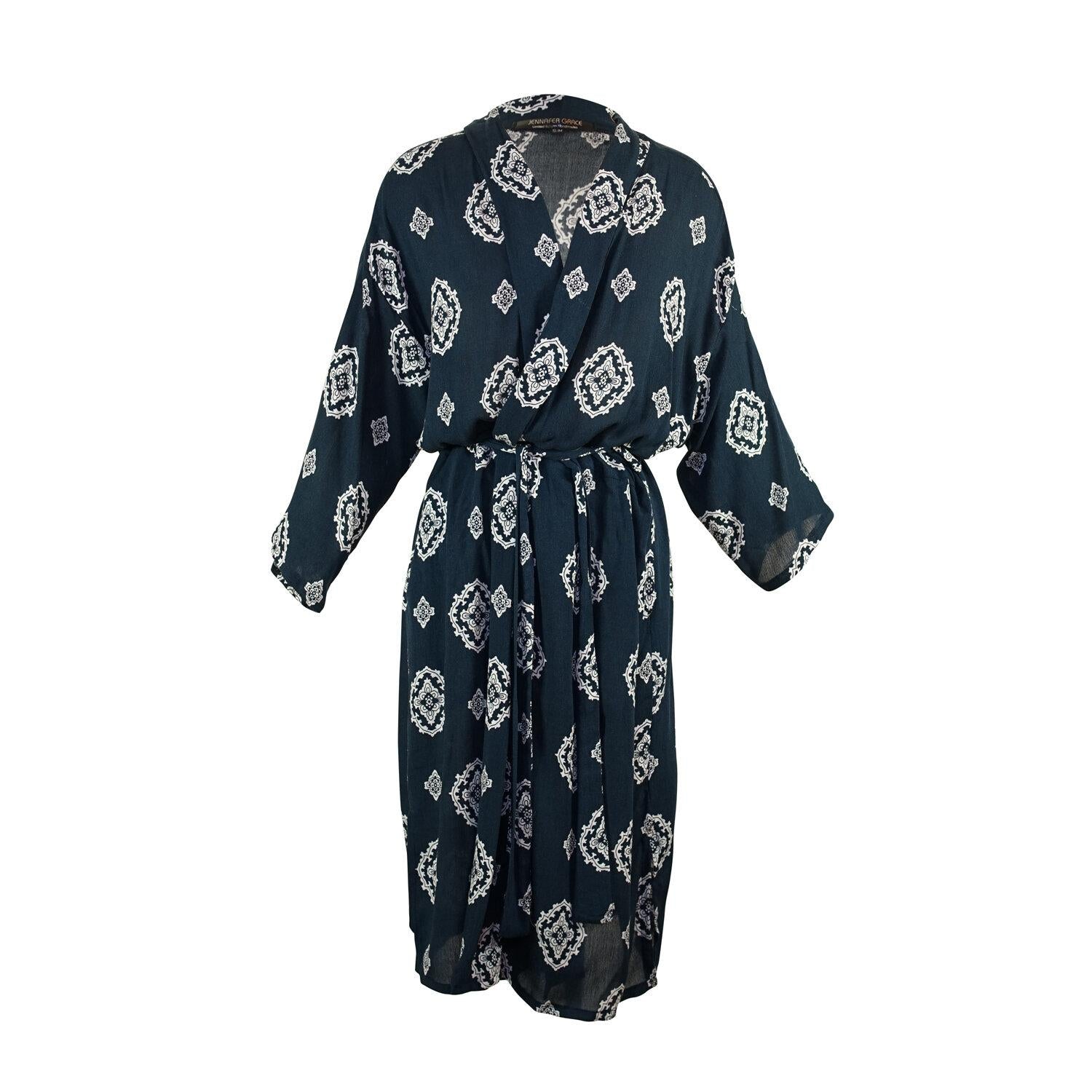 blue white tribal calder koi kimono robe boho chic duster jennafergrace