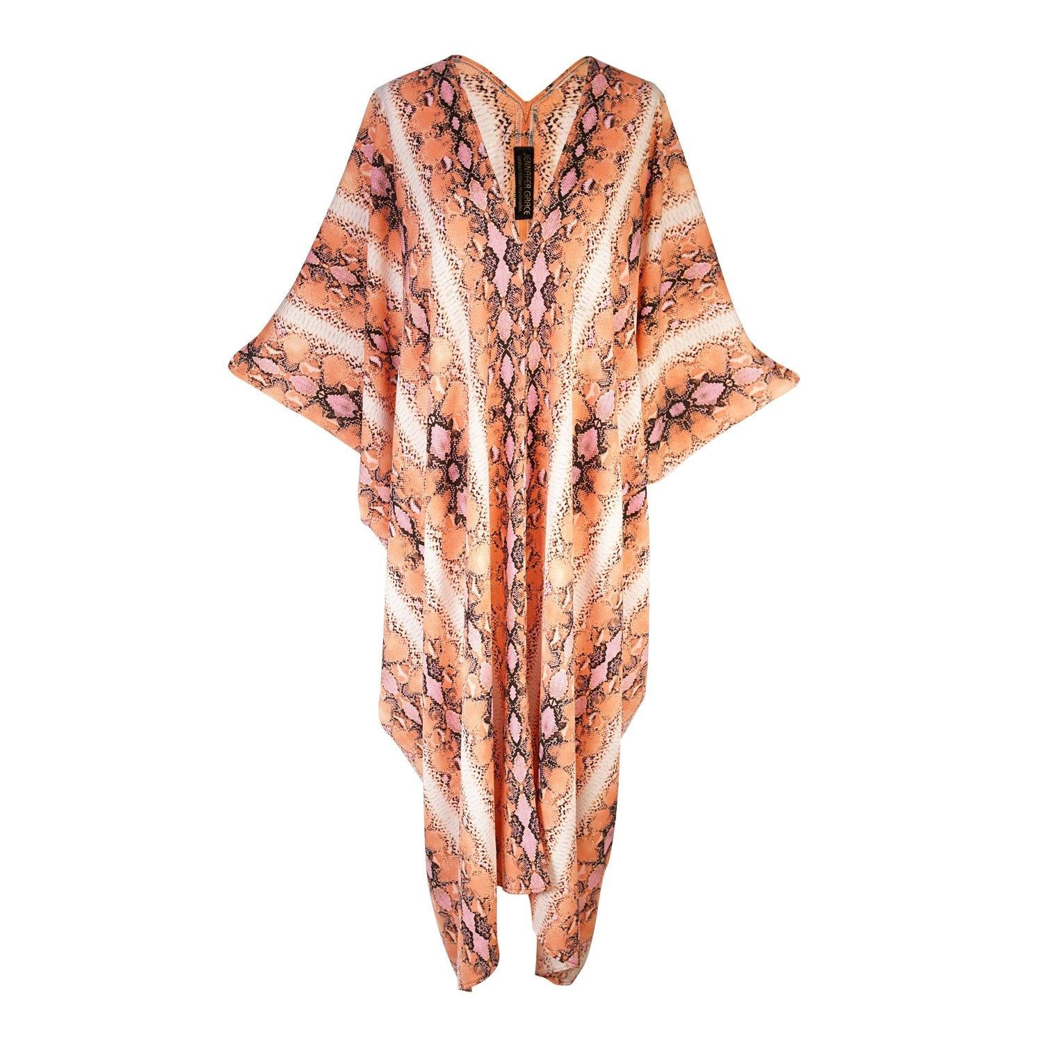 caftan mumu shift dress coverup coral orange white vertical stripe striped snakeskin animal print boho bohemian hippie beach resort spa lounge loungewear layering unisex handmade