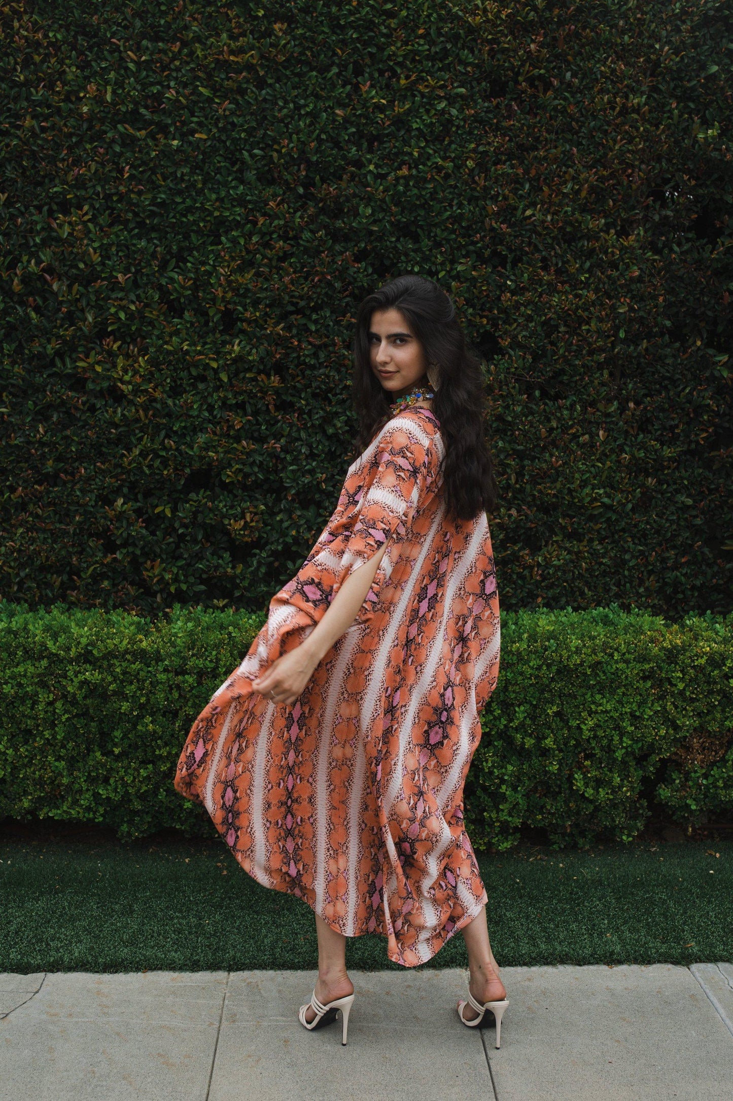 caftan mumu shift dress coverup coral orange white vertical stripe striped snakeskin animal print boho bohemian hippie beach resort spa lounge loungewear layering unisex handmade
