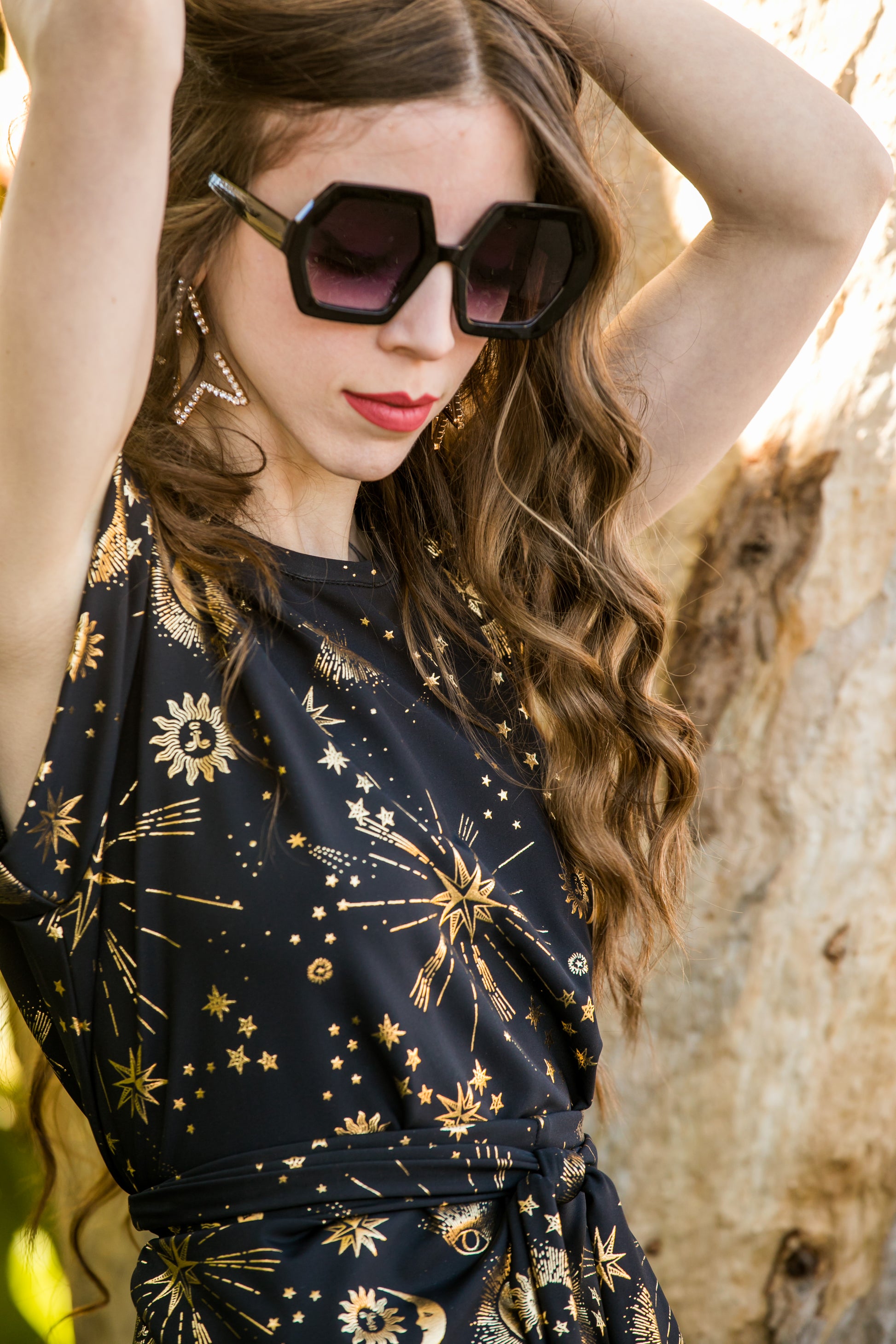 jennafer grace Celestia tunic palazzo pant matching set black with gold metallic celestial print coord co-ord astrology goth witchy gothic boho bohemian hippie romantic whimsical lounge loungewear resort cabana beach unisex handmade in california usa