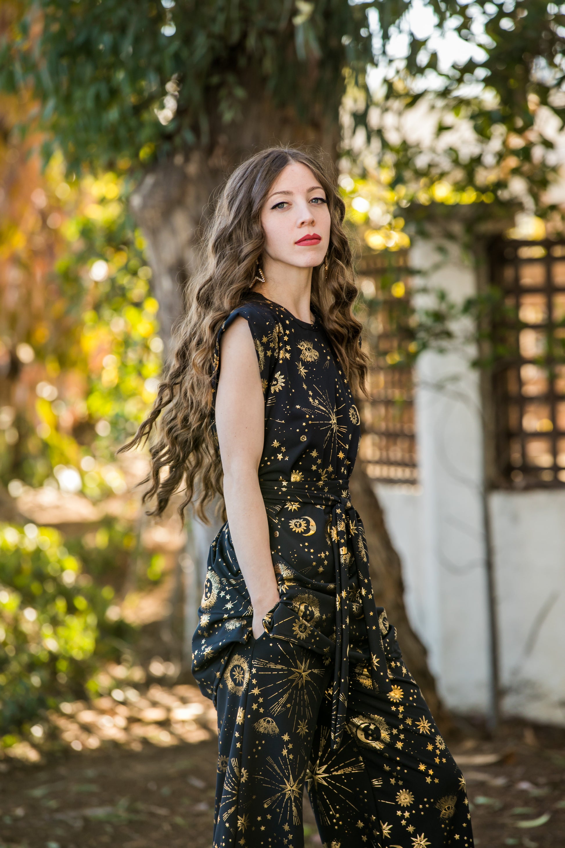 jennafer grace Celestia tunic palazzo pant matching set black with gold metallic celestial print coord co-ord astrology goth witchy gothic boho bohemian hippie romantic whimsical lounge loungewear resort cabana beach unisex handmade in california usa