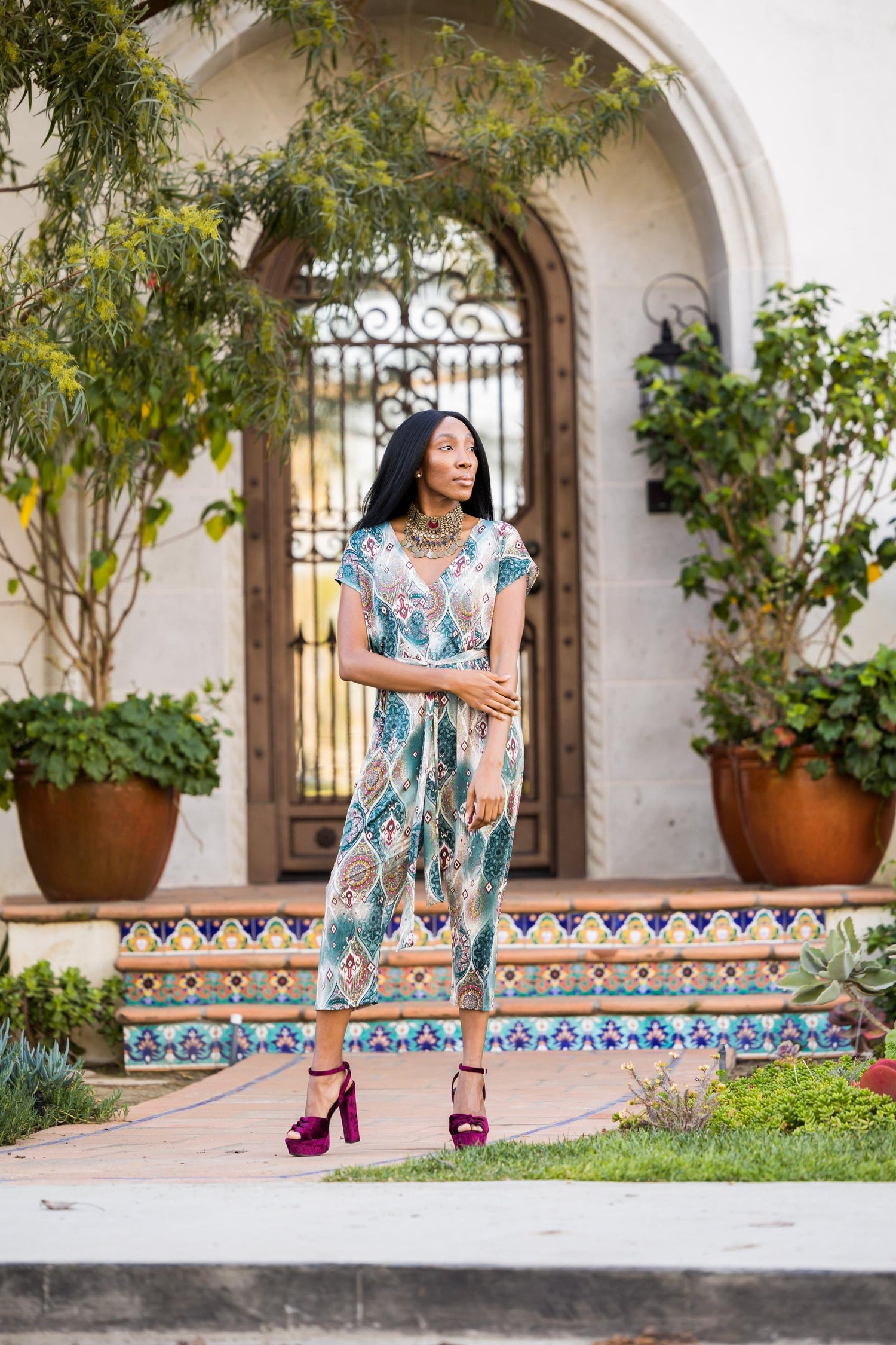 jennafer grace chalisa jumpsuit one-piece one piece short sleeve flattering boho bohemian hippie resort lounge loungewear abstract patchwork blue beige unisex handmade