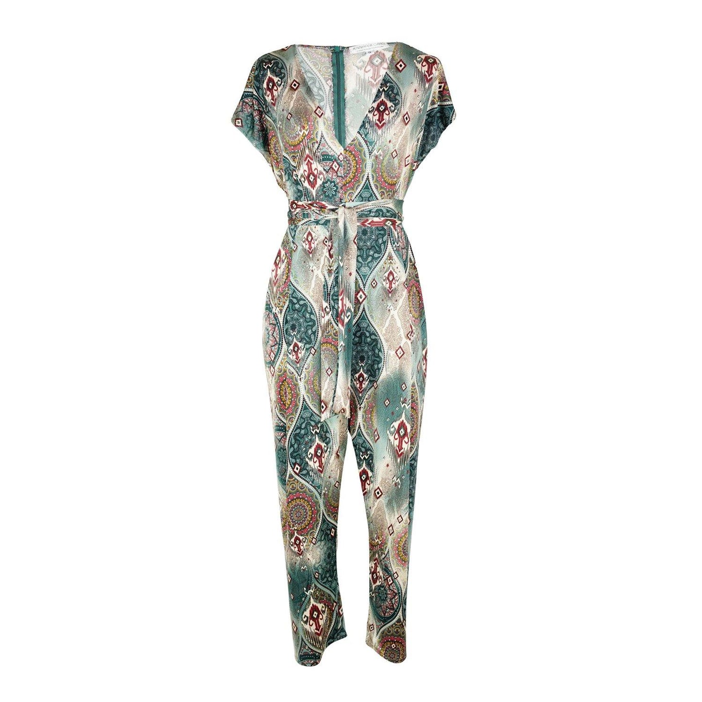jennafer grace chalisa jumpsuit one-piece one piece short sleeve flattering boho bohemian hippie resort lounge loungewear abstract patchwork blue beige unisex handmade