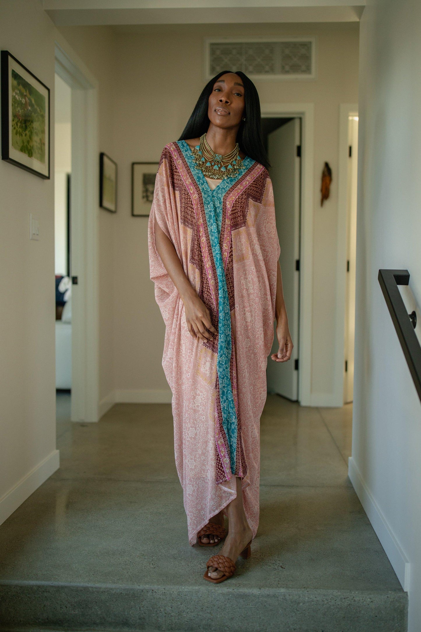 jennafer grace caftan kaftan mumu shift dress coverup colorful vibrant pink blue pastel boho bohemian hippie beach resort spa lounge loungewear layering unisex handmade