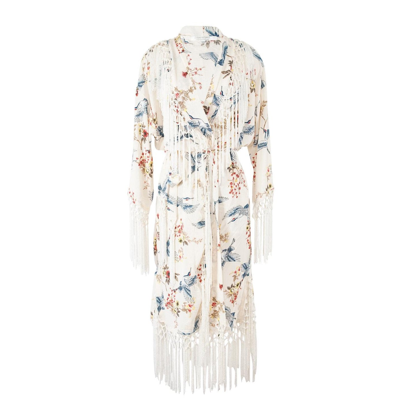 floral, crane, white, fringe, koi kimono, boho, chic, duster, jacket, pockets, handmade, madeinusa, jennafergrace