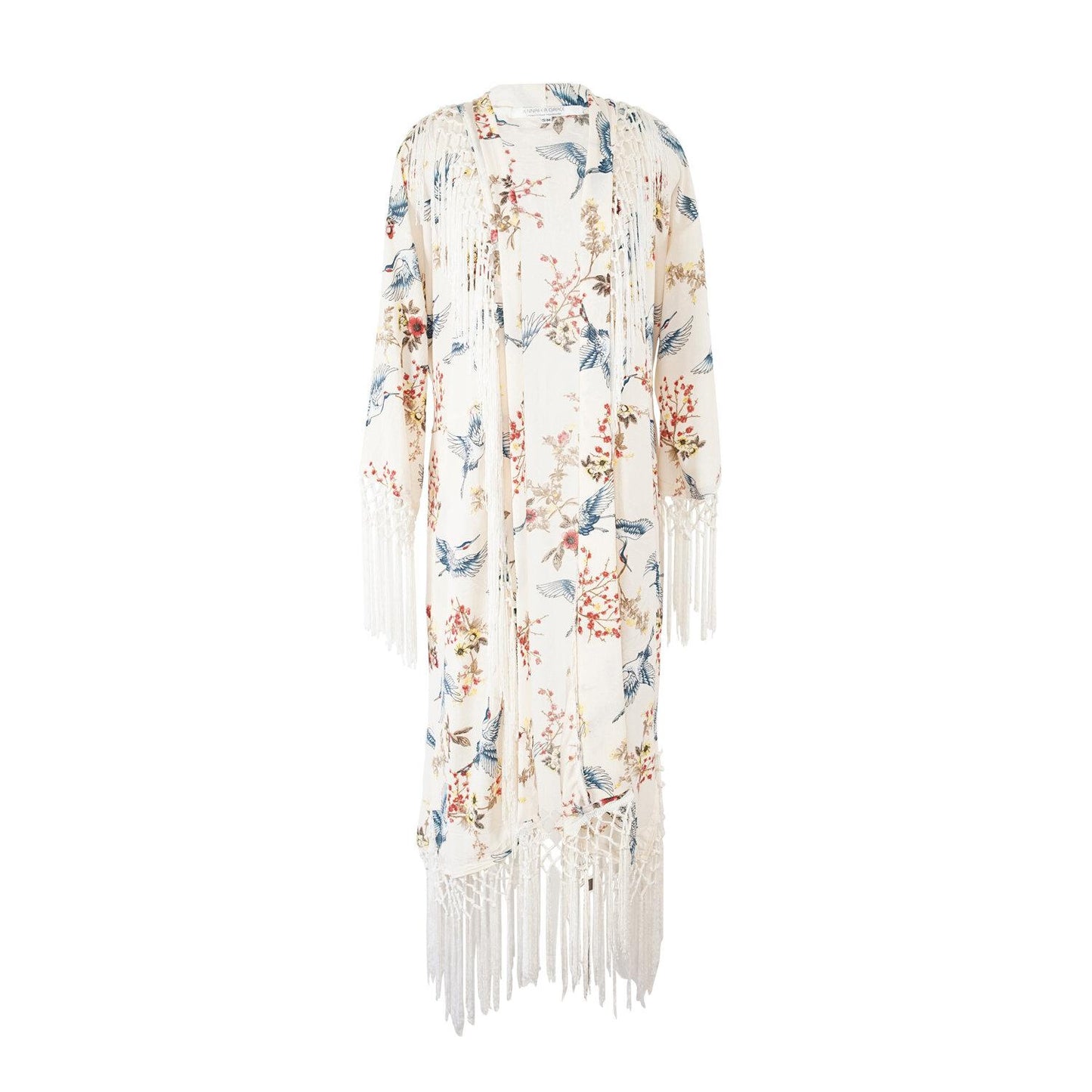 floral, crane, white, fringe, koi kimono, boho, chic, duster, jacket, pockets, handmade, madeinusa, jennafergrace