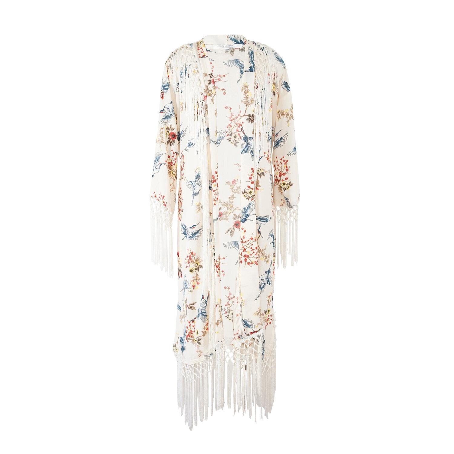 floral, crane, white, fringe, koi kimono, boho, chic, duster, jacket, pockets, handmade, madeinusa, jennafergrace