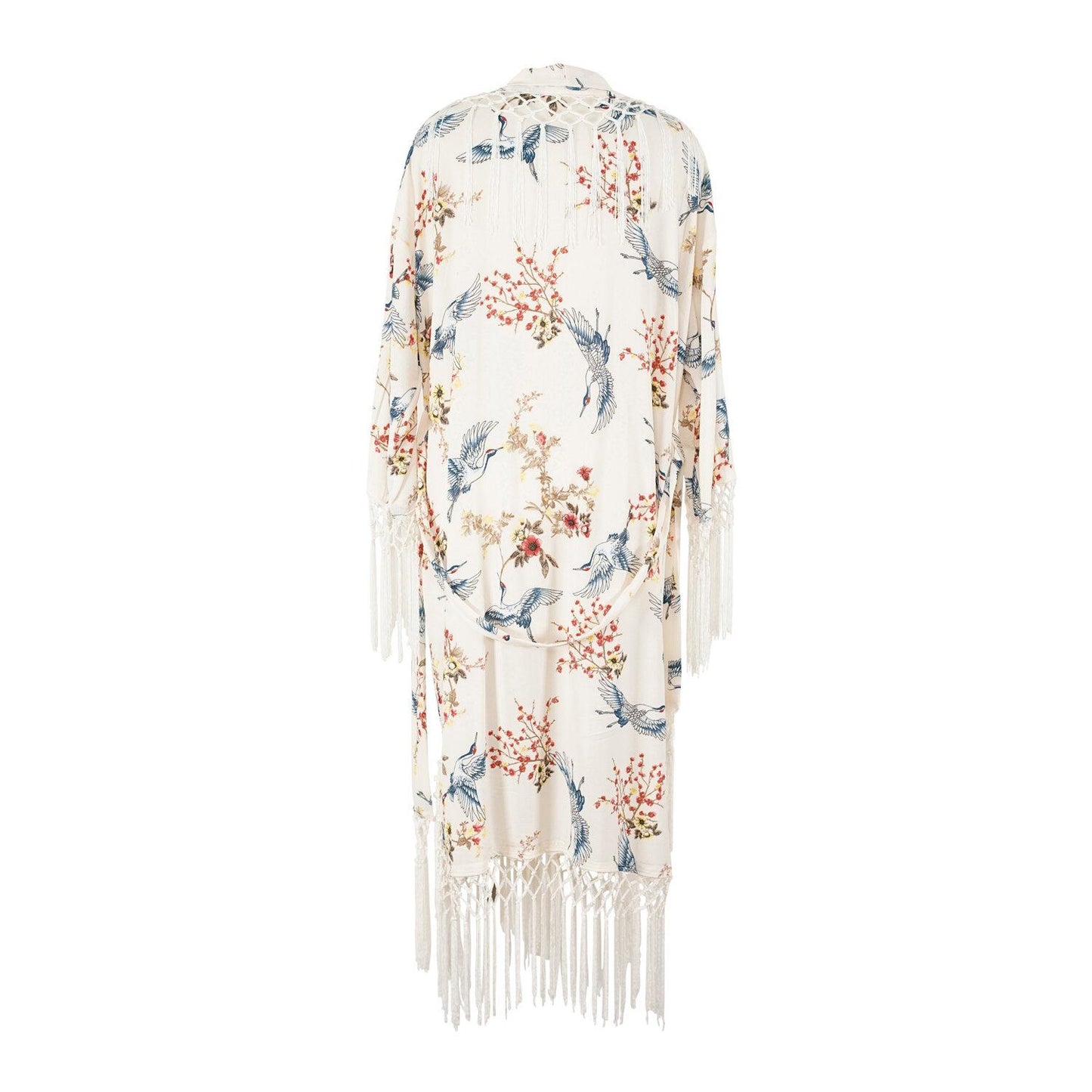 floral, crane, white, fringe, koi kimono, boho, chic, duster, jacket, pockets, handmade, madeinusa, jennafergrace