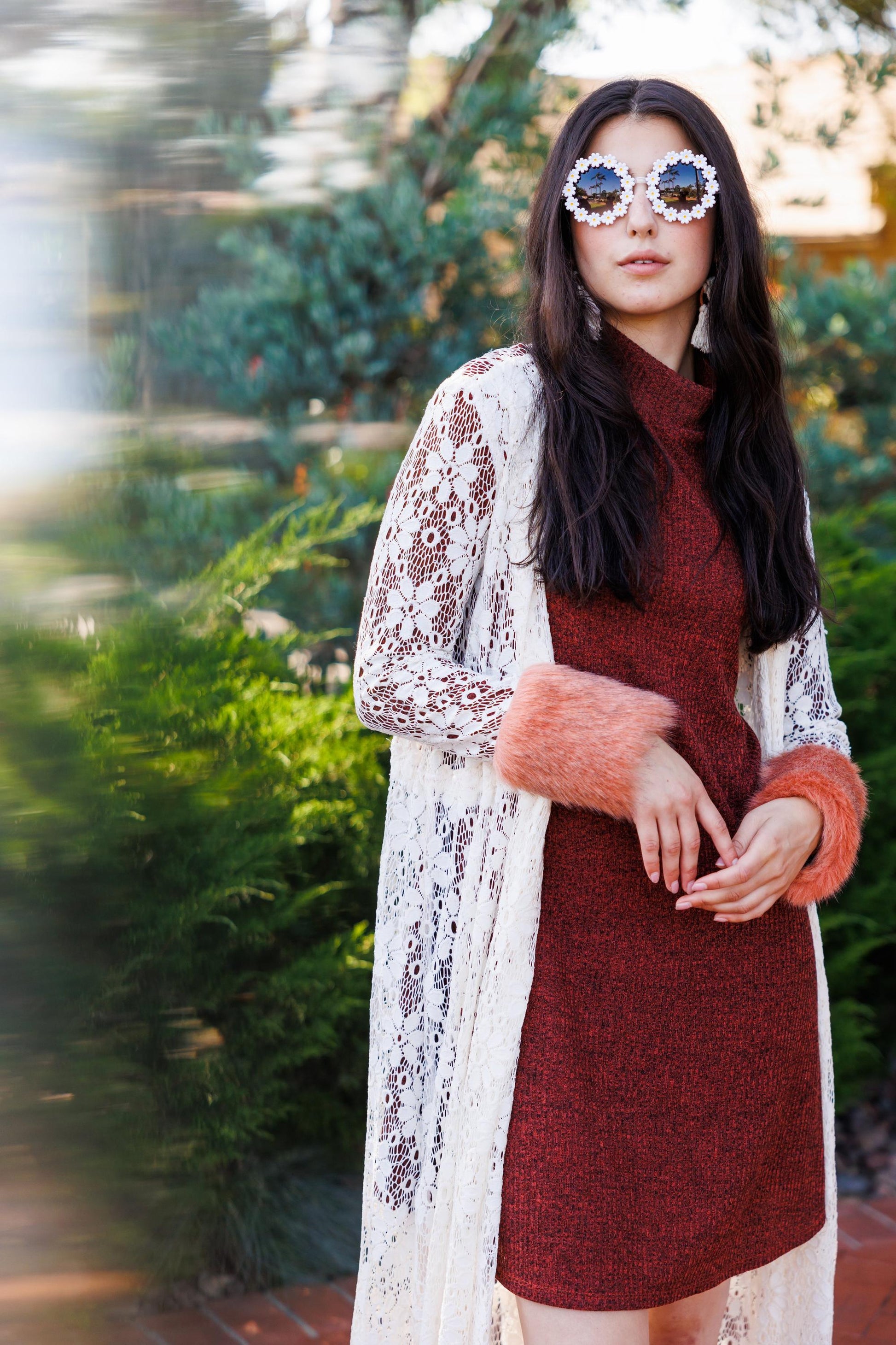 semi sheer ivory white daisy lace peach coral faux fur duster jacket coat robe layering boho bohemian hippie woodstock 69 retro 60s revival jennafer grace unisex handmade