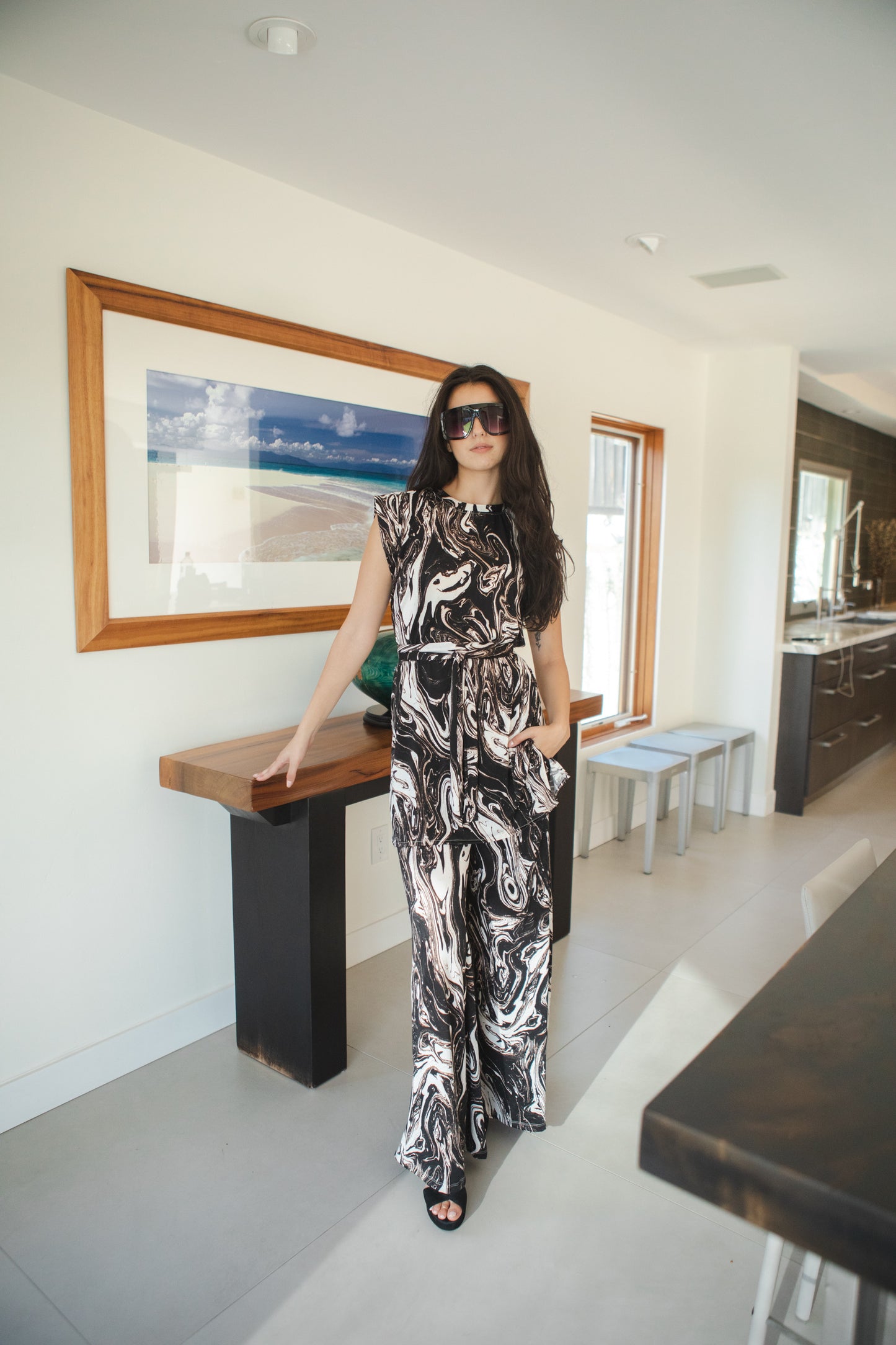 jennafer grace Darkwater tunic palazzo pant matching set black white marble print marbling effect coord co-ord boho bohemian hippie romantic whimsical lounge loungewear resort nautical cabana beach unisex handmade in california usa