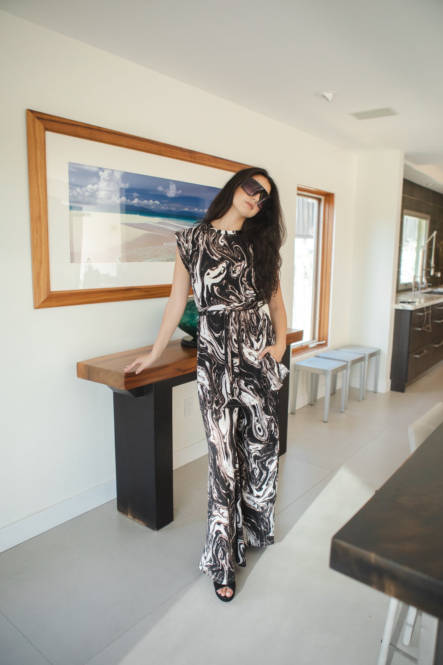 jennafer grace Darkwater tunic palazzo pant matching set black white marble print marbling effect coord co-ord boho bohemian hippie romantic whimsical lounge loungewear resort nautical cabana beach unisex handmade in california usa