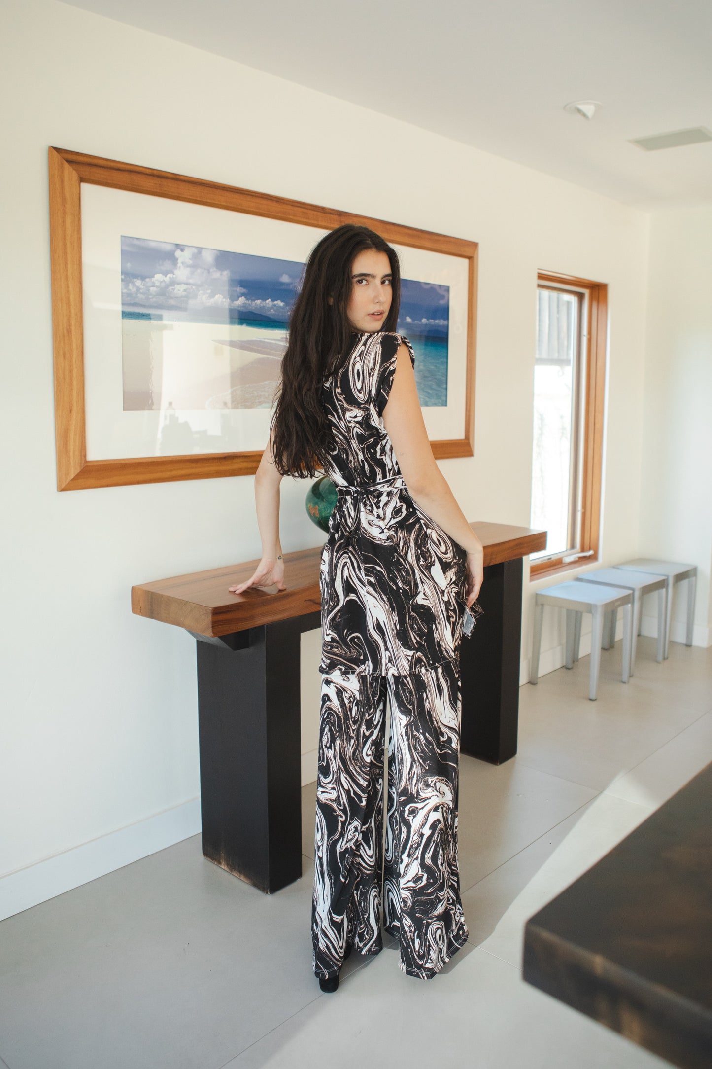 jennafer grace Darkwater tunic palazzo pant matching set black white marble print marbling effect coord co-ord boho bohemian hippie romantic whimsical lounge loungewear resort nautical cabana beach unisex handmade in california usa