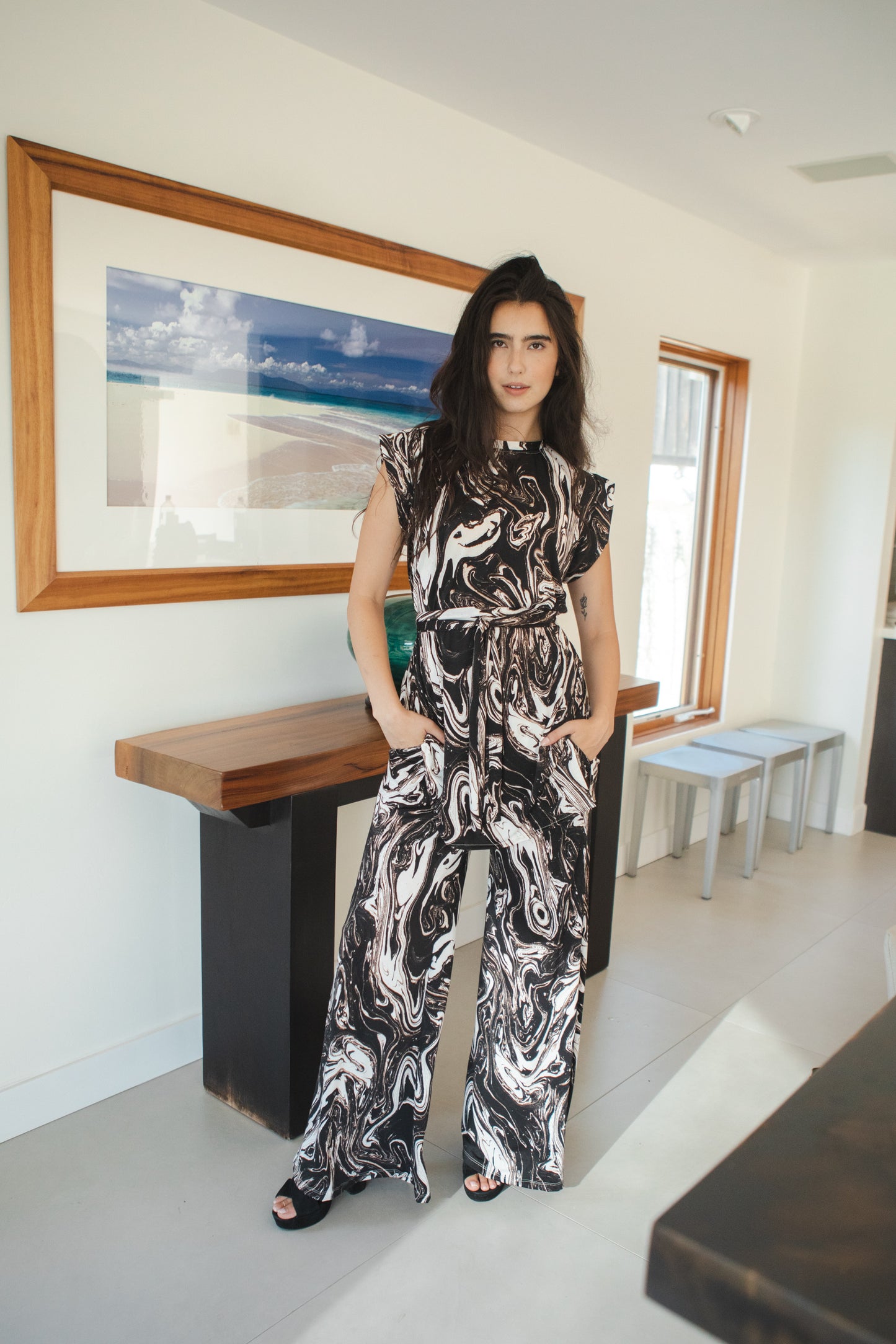 jennafer grace Darkwater tunic palazzo pant matching set black white marble print marbling effect coord co-ord boho bohemian hippie romantic whimsical lounge loungewear resort nautical cabana beach unisex handmade in california usa