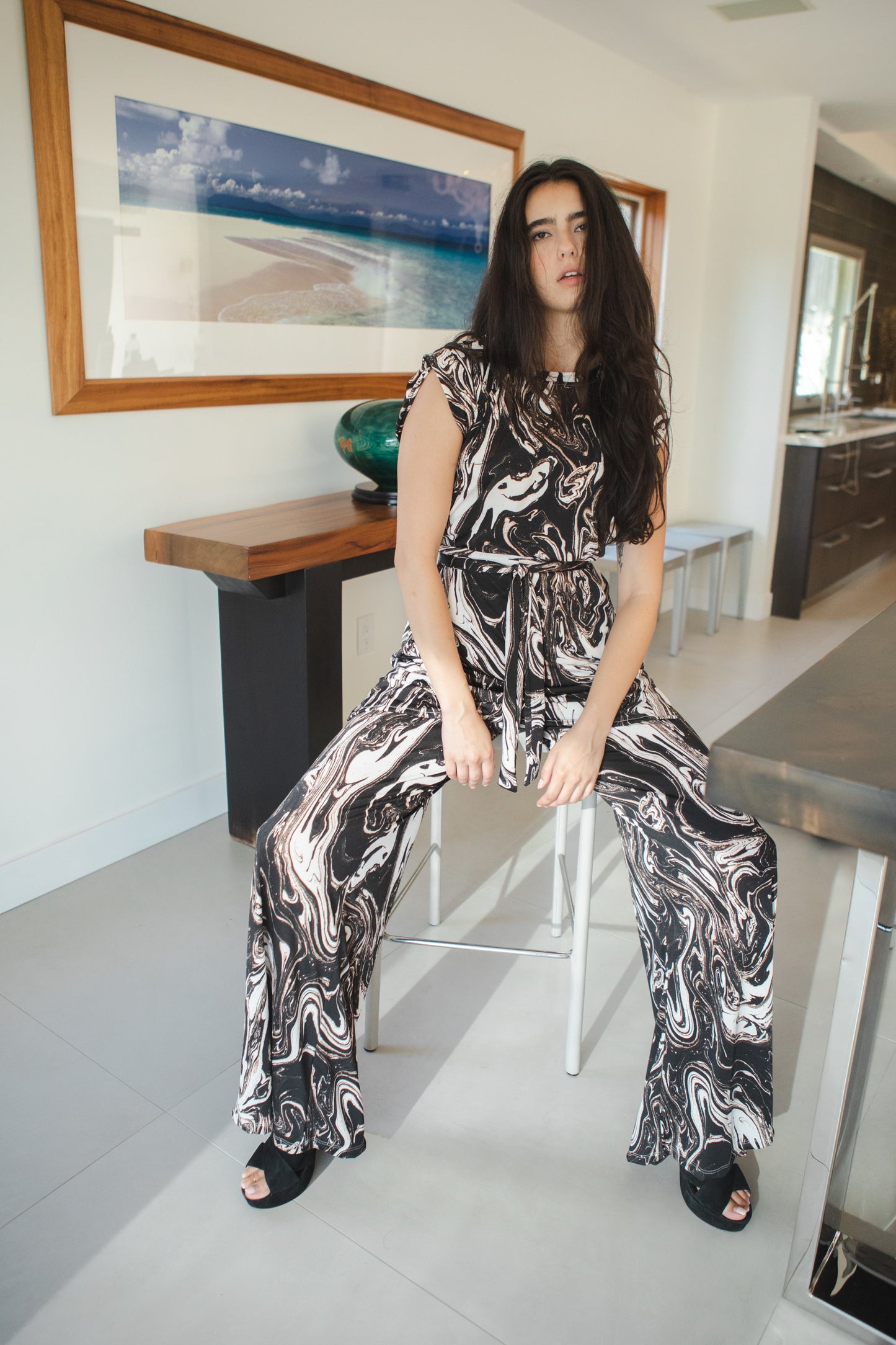 jennafer grace Darkwater tunic palazzo pant matching set black white marble print marbling effect coord co-ord boho bohemian hippie romantic whimsical lounge loungewear resort nautical cabana beach unisex handmade in california usa