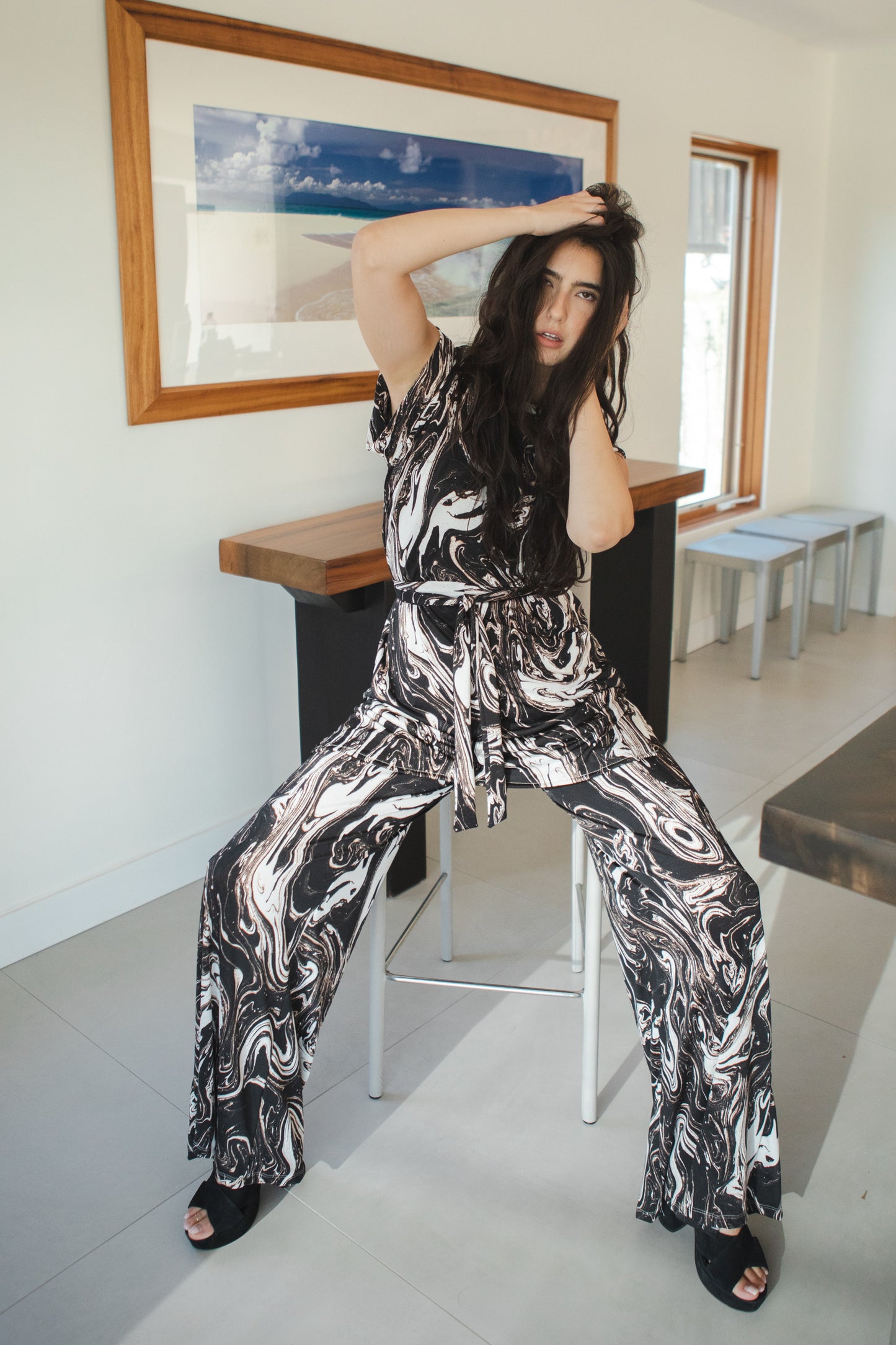 jennafer grace Darkwater tunic palazzo pant matching set black white marble print marbling effect coord co-ord boho bohemian hippie romantic whimsical lounge loungewear resort nautical cabana beach unisex handmade in california usa