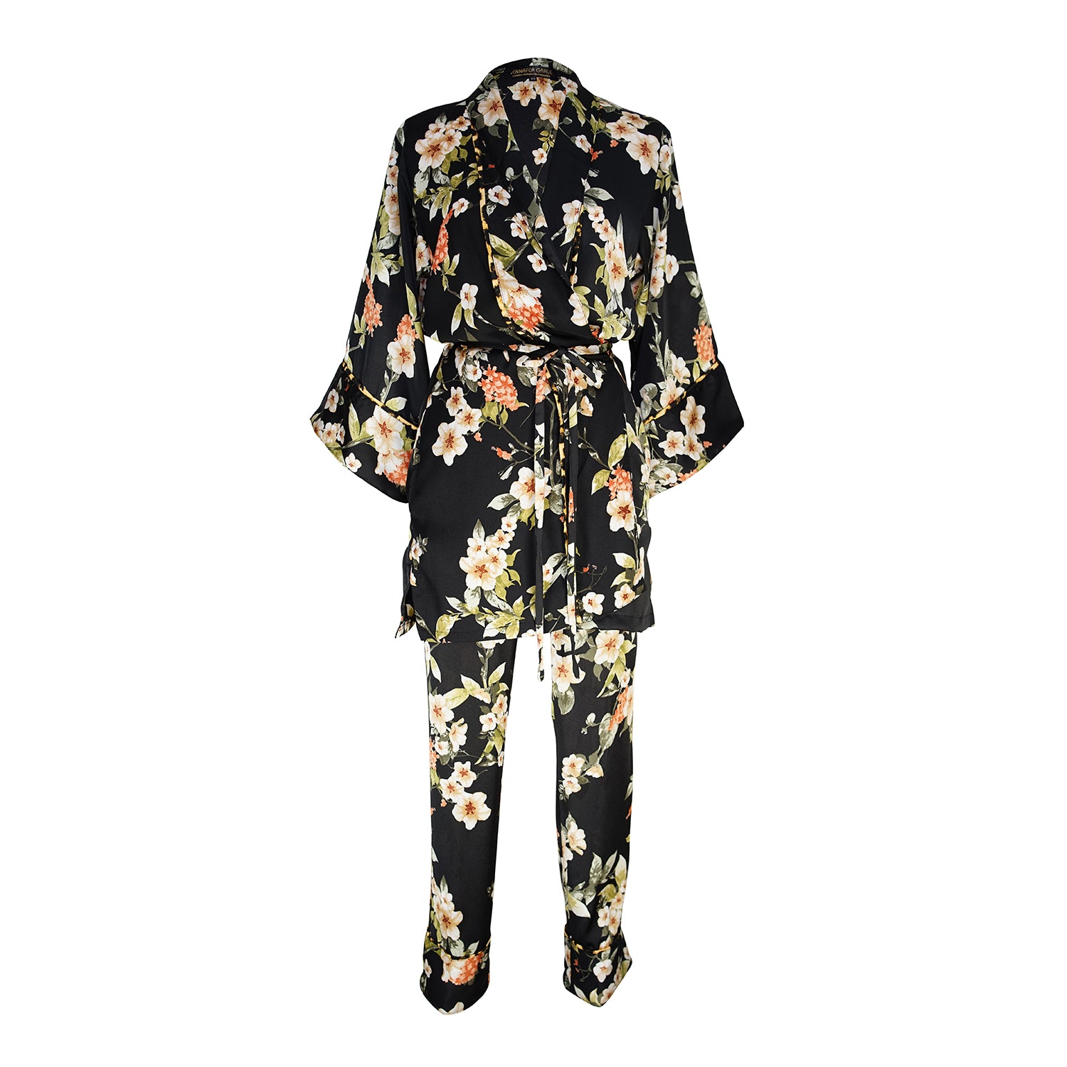 jennafer grace Deliciarum paglamas glam pajamas pjs co-ord coord matching set lounge wear wrap top tapered pant black floral orange flowers leopard print piping dark goth gothic boho bohemian hippie unisex handmade in California USA