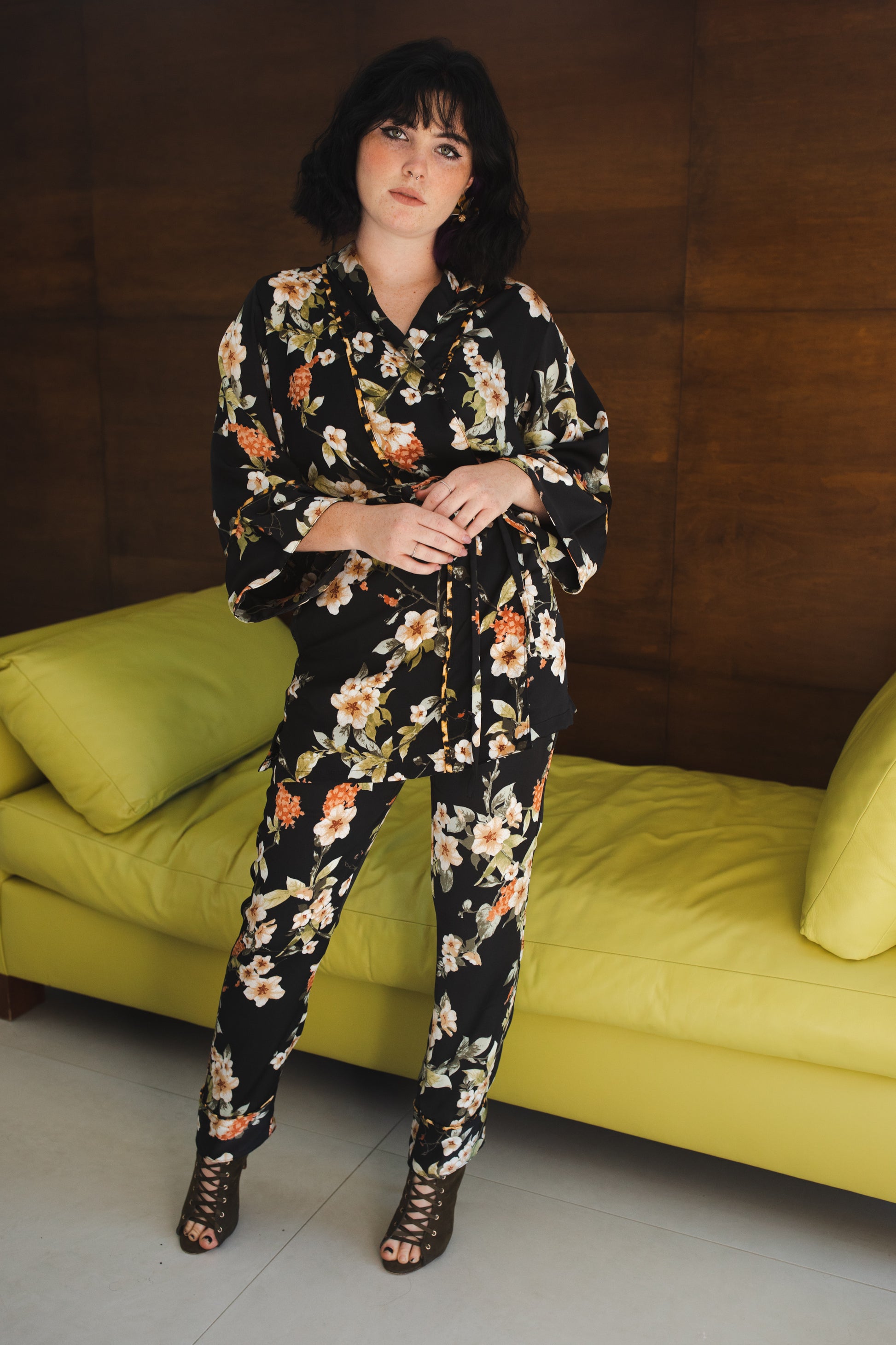 jennafer grace Deliciarum paglamas glam pajamas pjs co-ord coord matching set lounge wear wrap top tapered pant black floral orange flowers leopard print piping dark goth gothic boho bohemian hippie unisex handmade in California USA