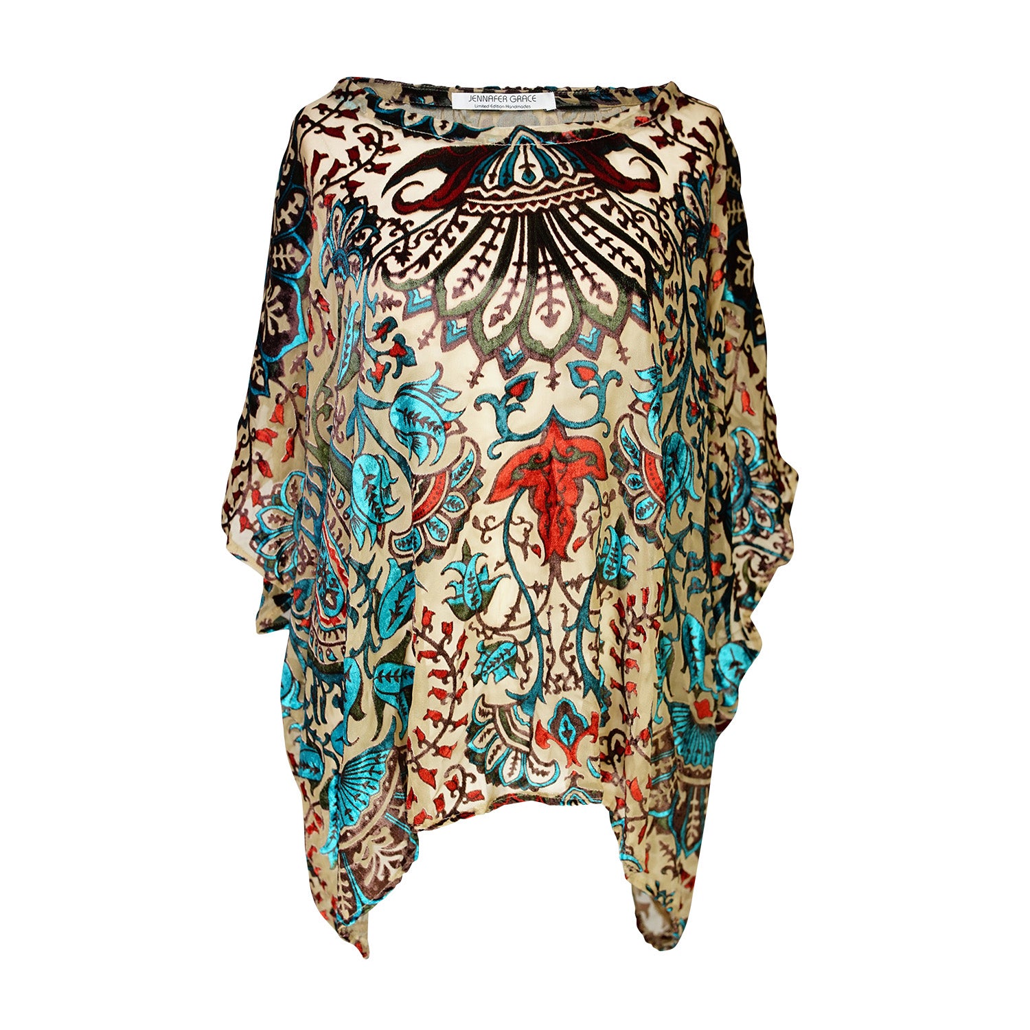 jennafer grace Desert Teal Velvet Burnout scarf top beige mesh with art deco inspired red and teal design boho bohemian hippie romantic whimsical resort lounge holiday evening wear retro 20s 30s 1920s 1930s unisex handmade in california usa