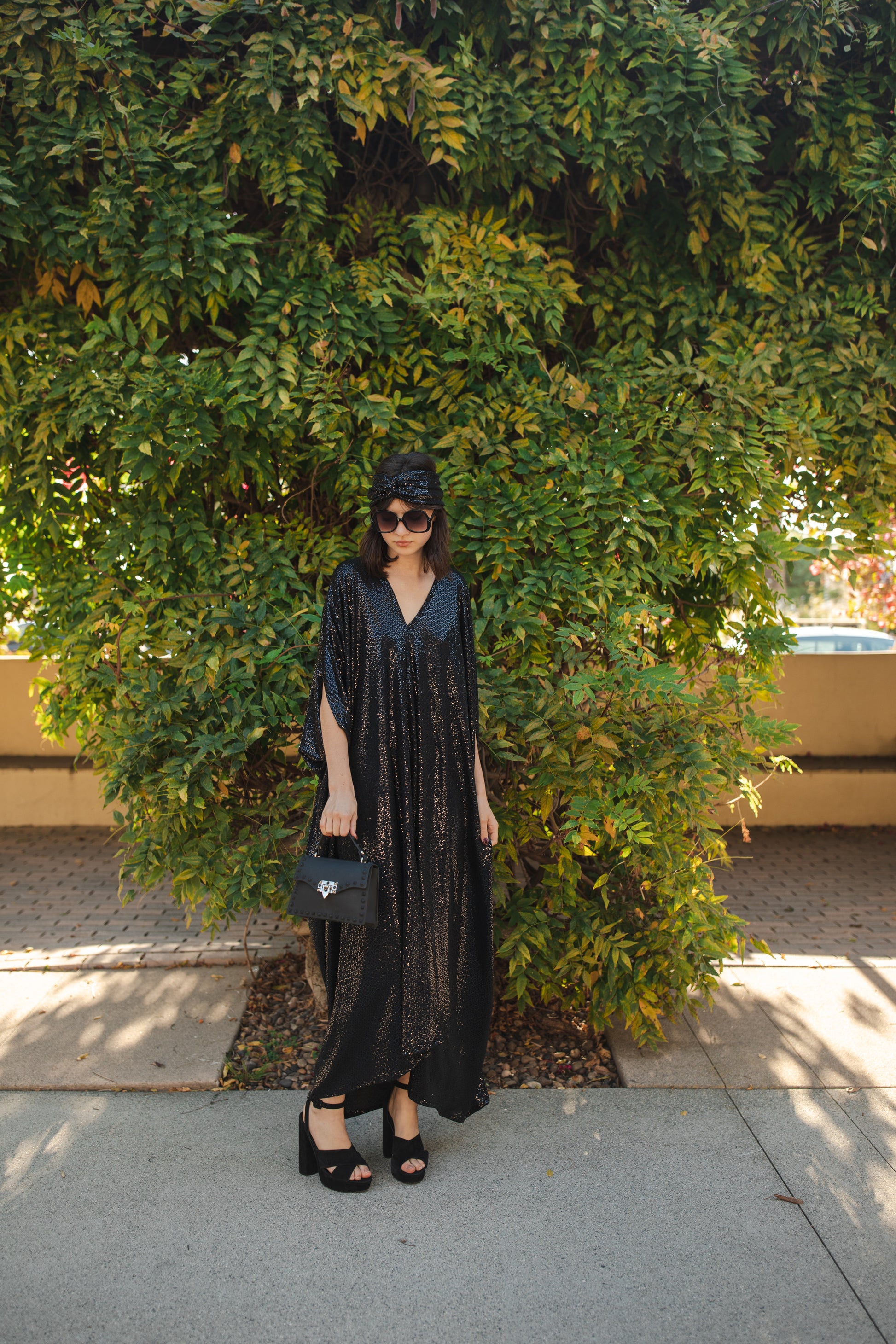 jennafer grace Disco Nights sequin caftan midnight blue black sequined kaftan mumu shift dress coverup studio 54 inspired retro 1970s 70s revival old hollywood glam glamourous nightlife boho bohemian hippie beach resort spa lounge loungewear layering unisex handmade in California USA