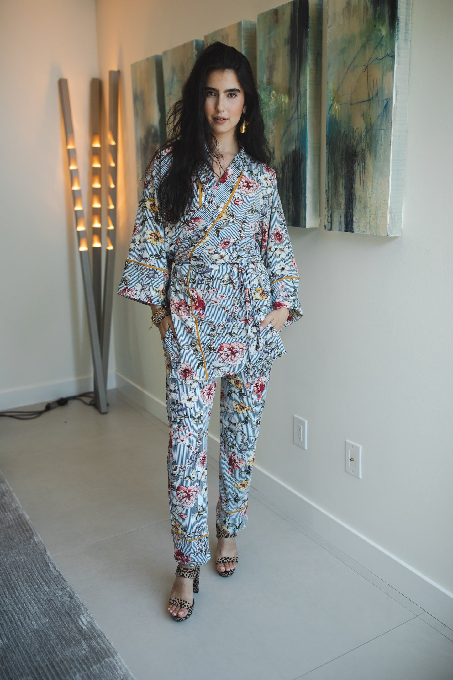 Jennafer Grace Dolce Deaux Paglamas white blue pinstripe floral pink flowers orange piping glam pajamas pjs co-ord coord matching set lounge wear wrap top tapered pant boho bohemian hippie unisex handmade in California USA