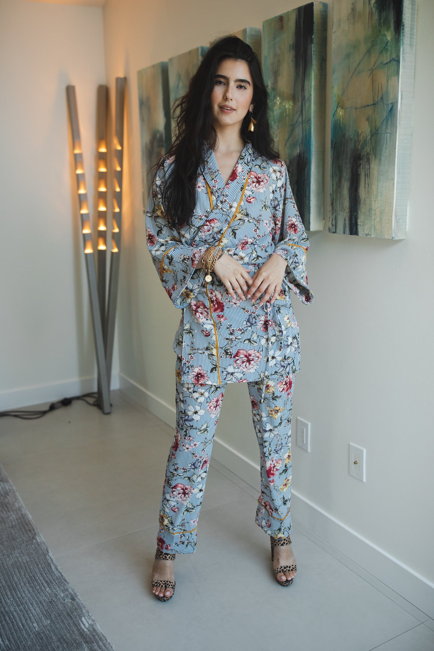 Jennafer Grace Dolce Deaux Paglamas white blue pinstripe floral pink flowers orange piping glam pajamas pjs co-ord coord matching set lounge wear wrap top tapered pant boho bohemian hippie unisex handmade in California USA