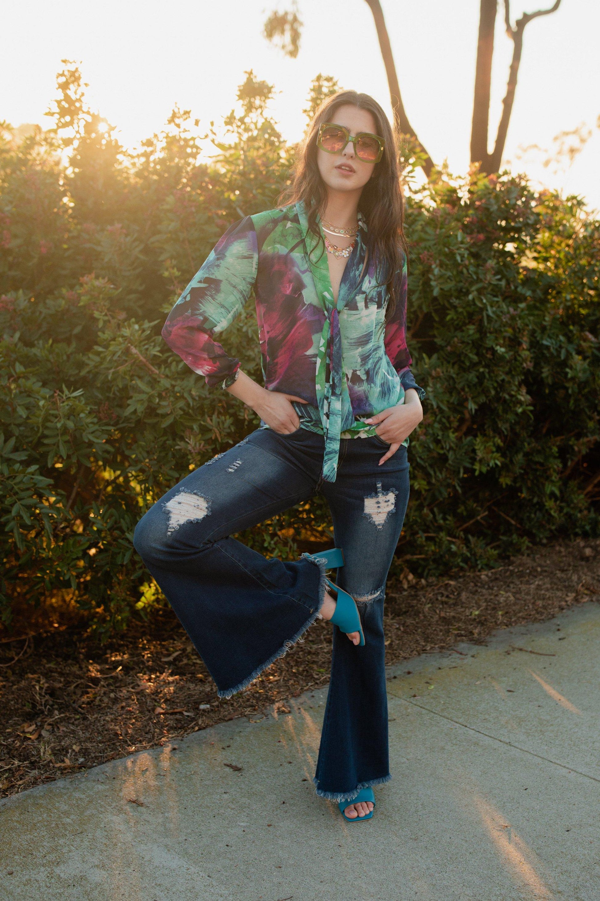 jennafer grace tie front pussybow secretary blouse top dreamscape blue pink multicolored boho bohemian hippie unisex handmade