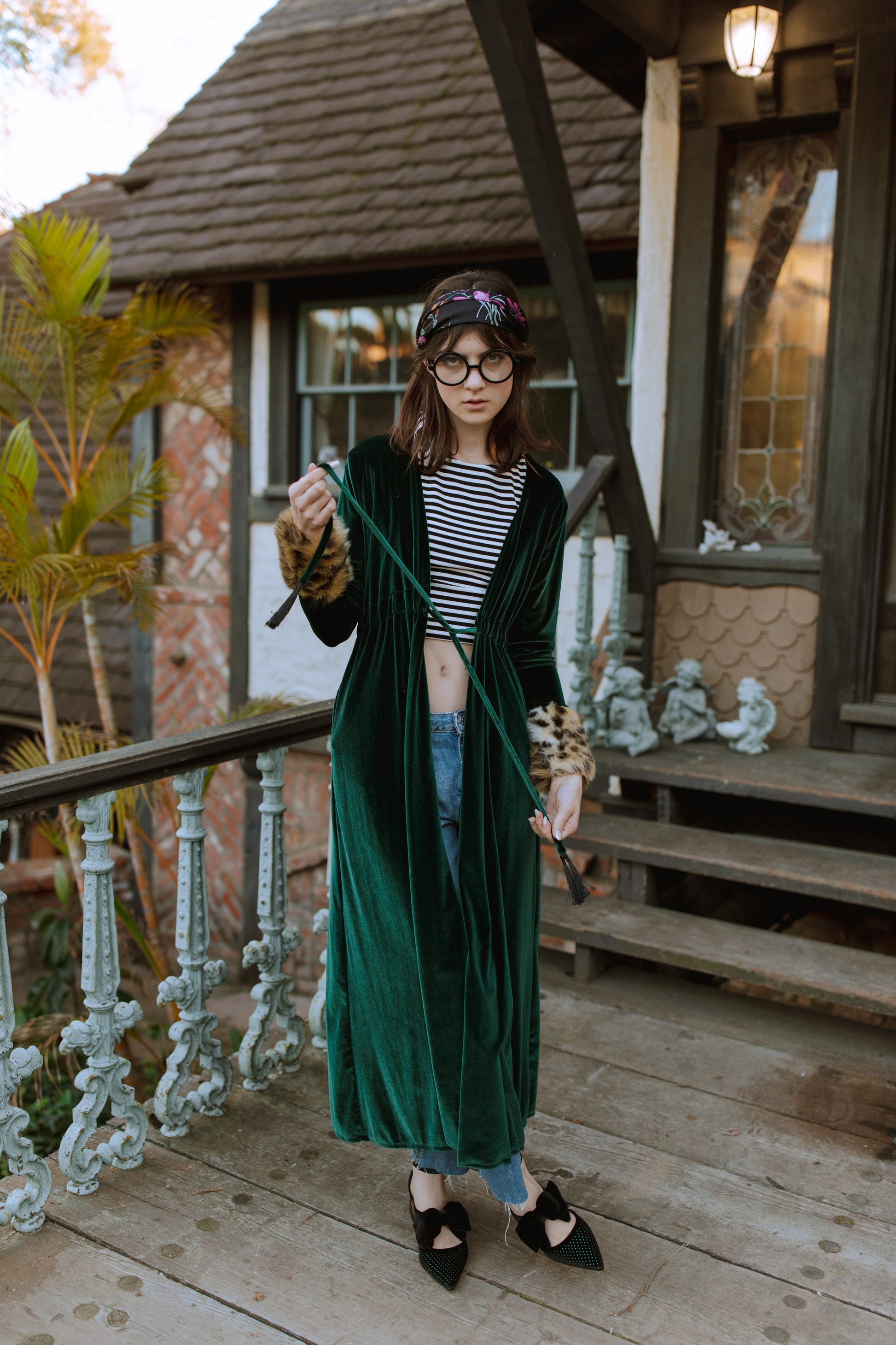 jennafer grace emerald green velvet duster jacket with leopard faux fur cuffs cinched waist tie casual boho bohemian hippie romantic whimsical unisex handmade in california usa 