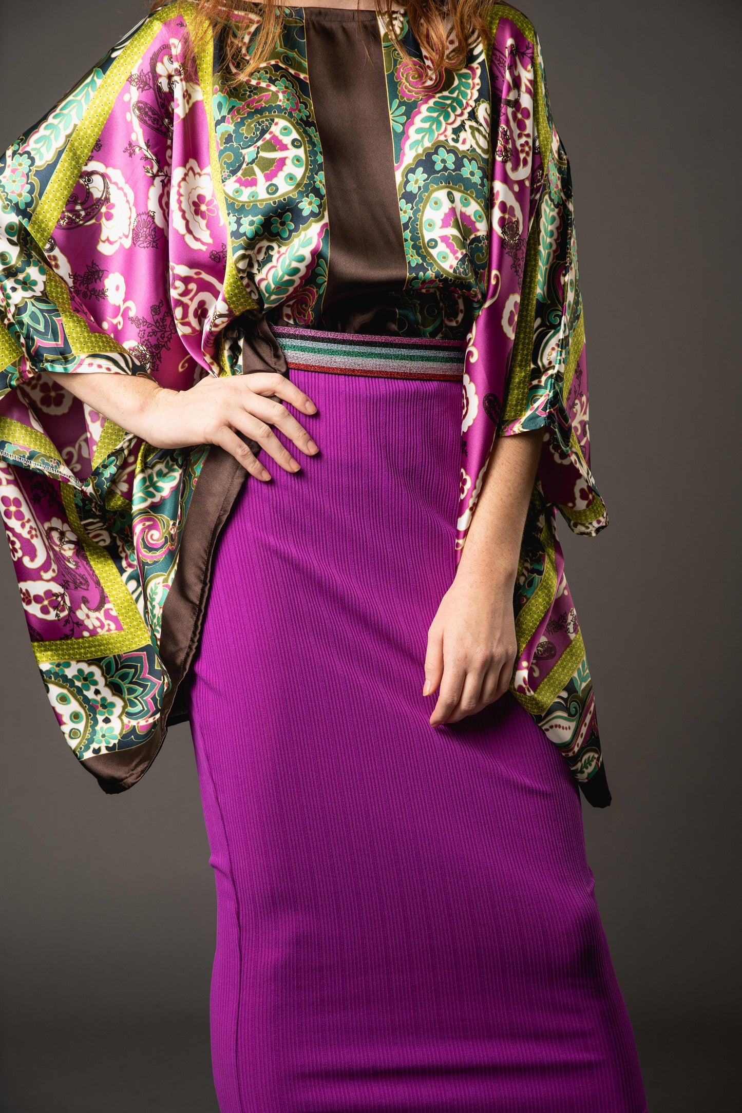 Fuschia Pencil Skirt with Rainbow Elastic Detail