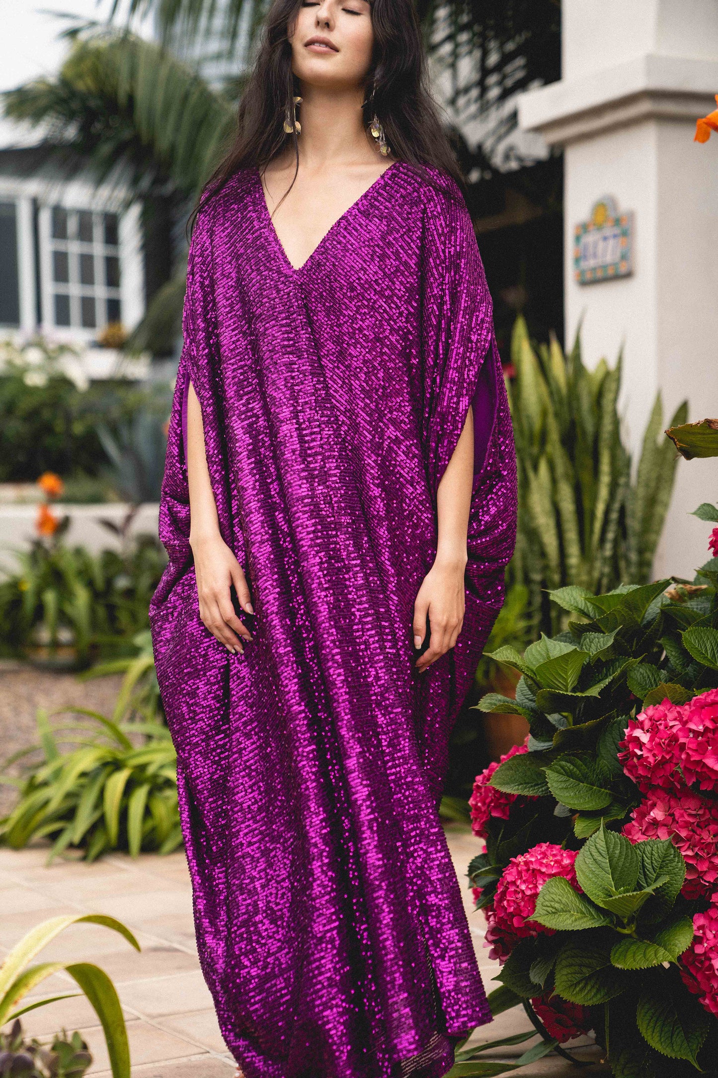 jennafer grace Fuchsia Sequin caftan hot pink sequined kaftan mumu shift dress coverup boho bohemian hippie beach resort spa lounge loungewear layering unisex handmade in California USA