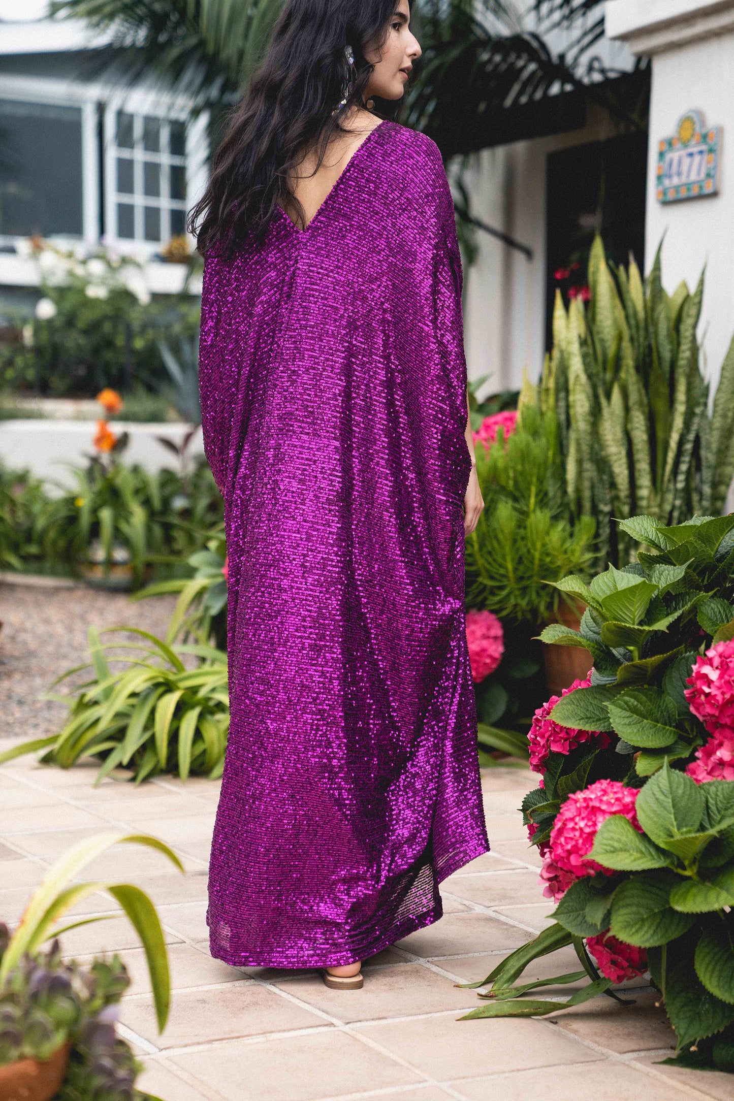 jennafer grace Fuchsia Sequin caftan hot pink sequined kaftan mumu shift dress coverup boho bohemian hippie beach resort spa lounge loungewear layering unisex handmade in California USA