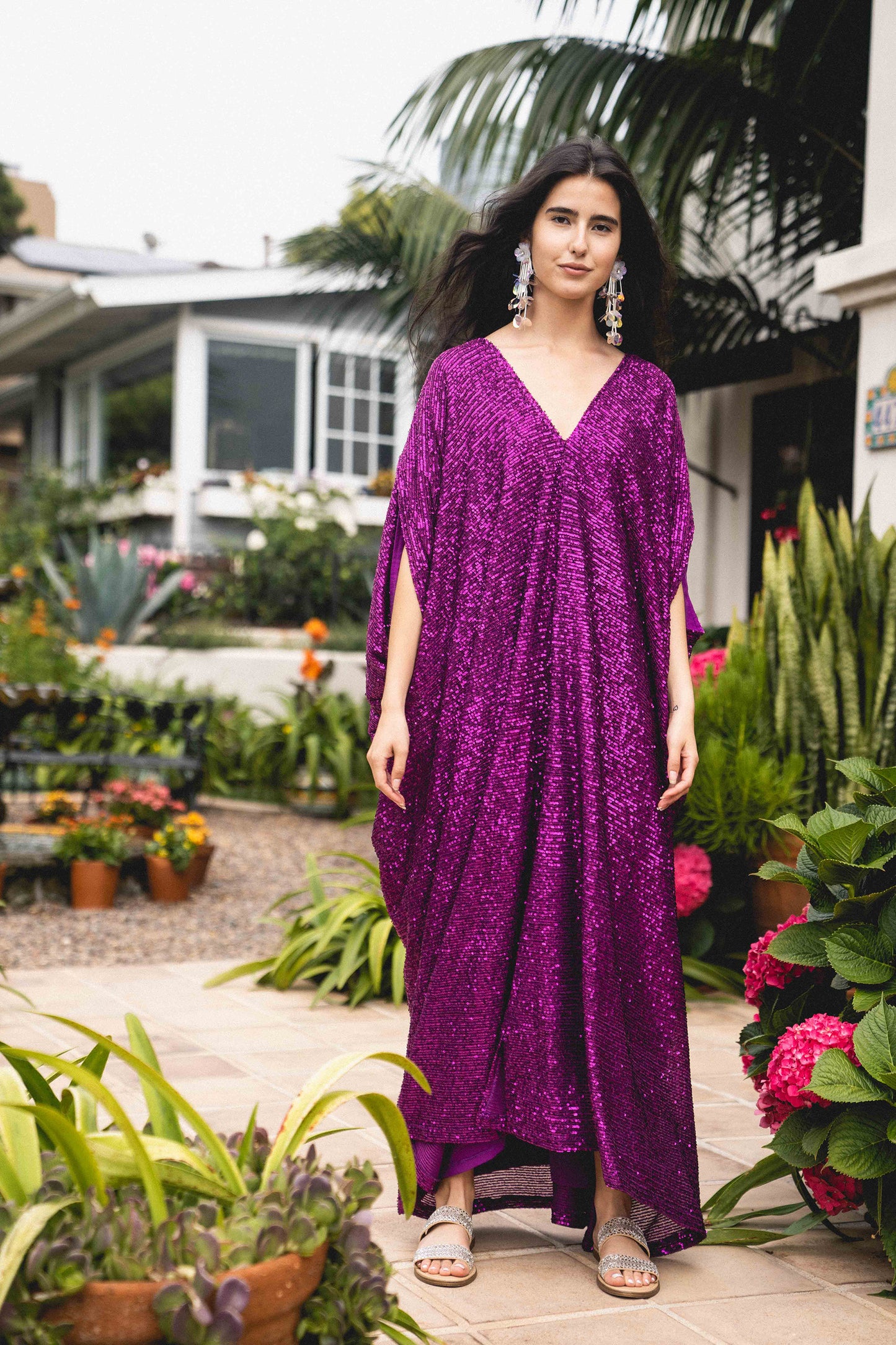 jennafer grace Fuchsia Sequin caftan hot pink sequined kaftan mumu shift dress coverup boho bohemian hippie beach resort spa lounge loungewear layering unisex handmade in California USA