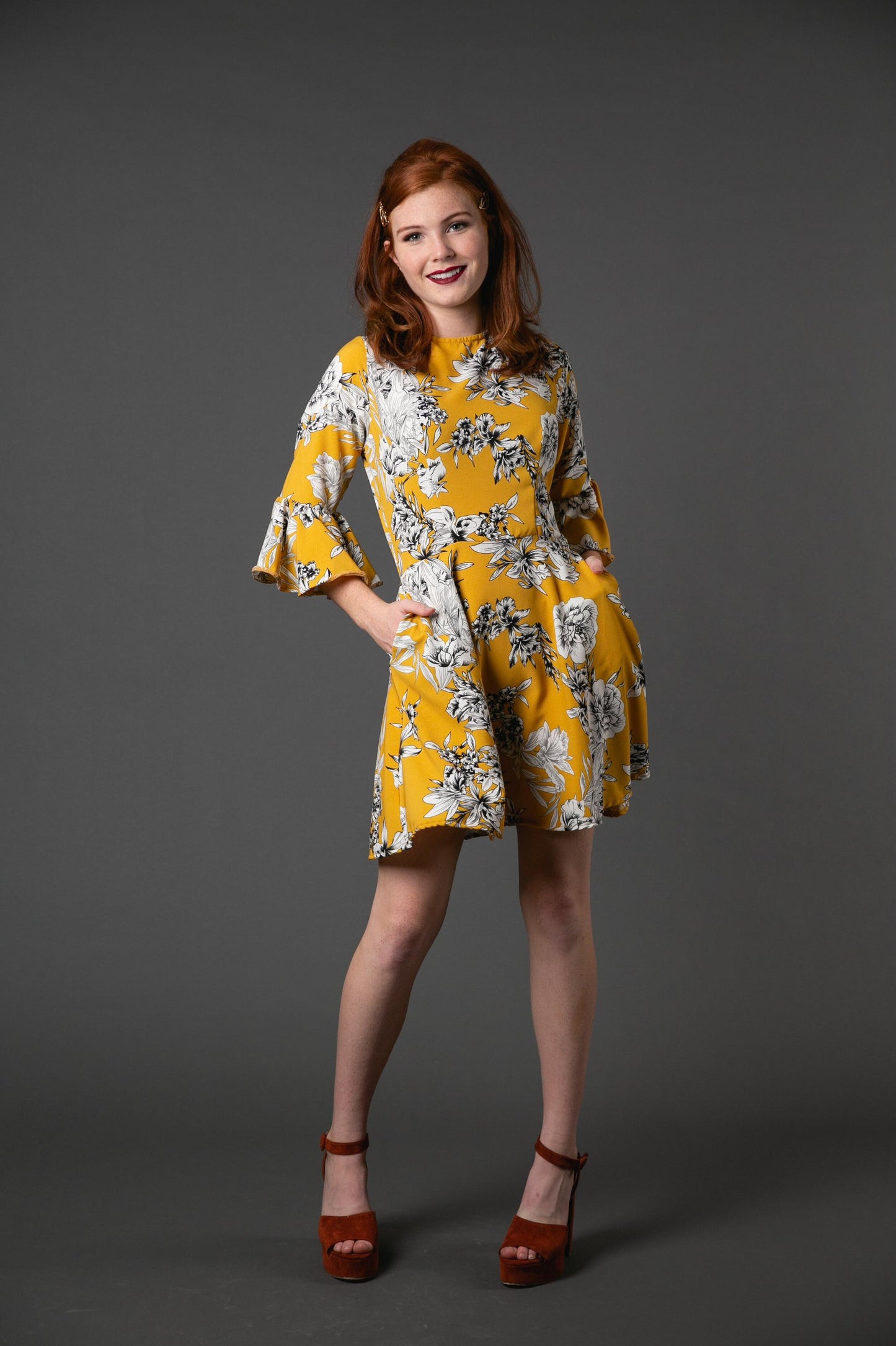 goldenrod yellow floral retro 1970s minidress bellsleeve dress jennafergrace handmade californiamade pockets