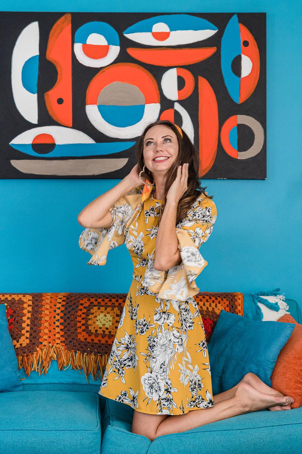 goldenrod yellow floral retro 1970s minidress bellsleeve dress jennafergrace handmade californiamade pockets